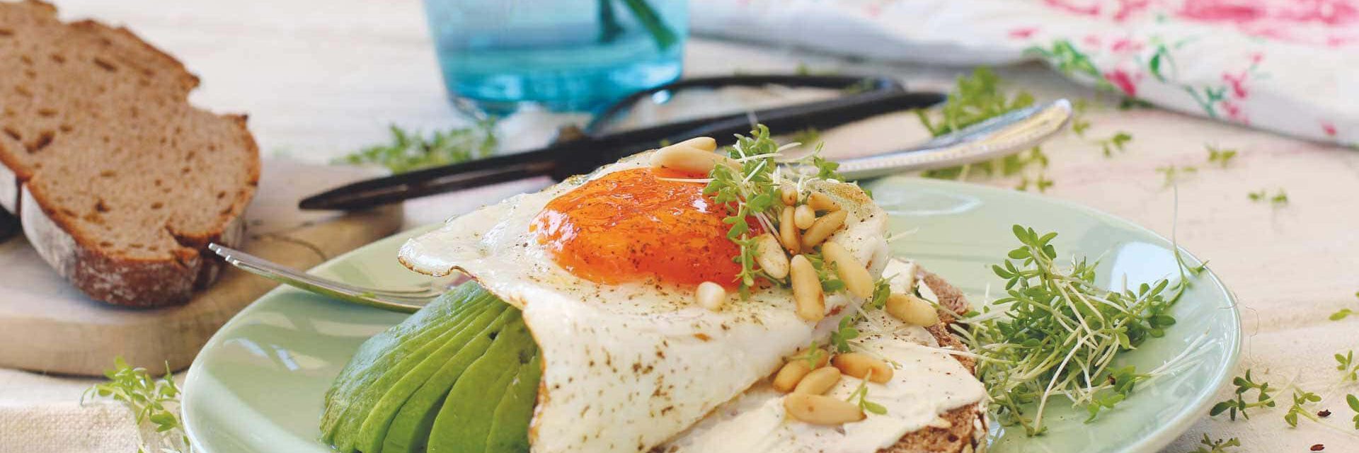 Roggenbrot mit Frischkäse, Avocado und Spiegelei