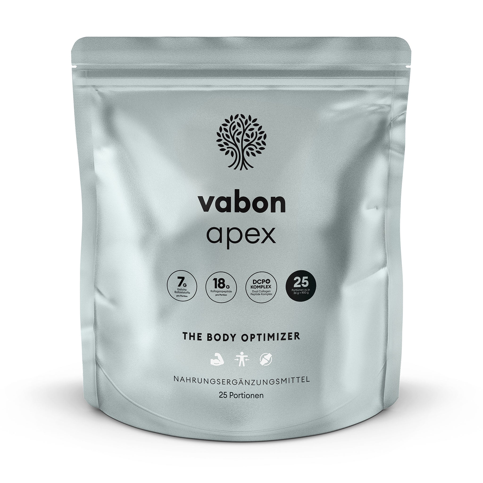 vabon apex Pouch in türkisfarbenem Design mit schwarzem Logo. Enthält 25 Portionen Body Optimizer Pulver mit Vitaminen, Mineralstoffen, Ballaststoffen und Kollagenpeptiden. Nahrungsergänzungsmittel zur Unterstützung von Muskelaufbau, Fettstoffwechsel, Gelenken, Darmgesundheit sowie Kraft und Ausdauer.