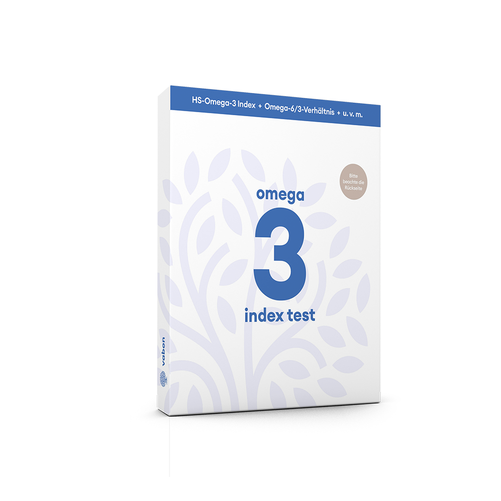 Verpackung des vabon omega 3 index test zur Messung von HS-Omega-3-Index und Omega-6/3-Verhältnis, weiße Box mit blauem Design und großer Zahl 3 auf der Vorderseite.