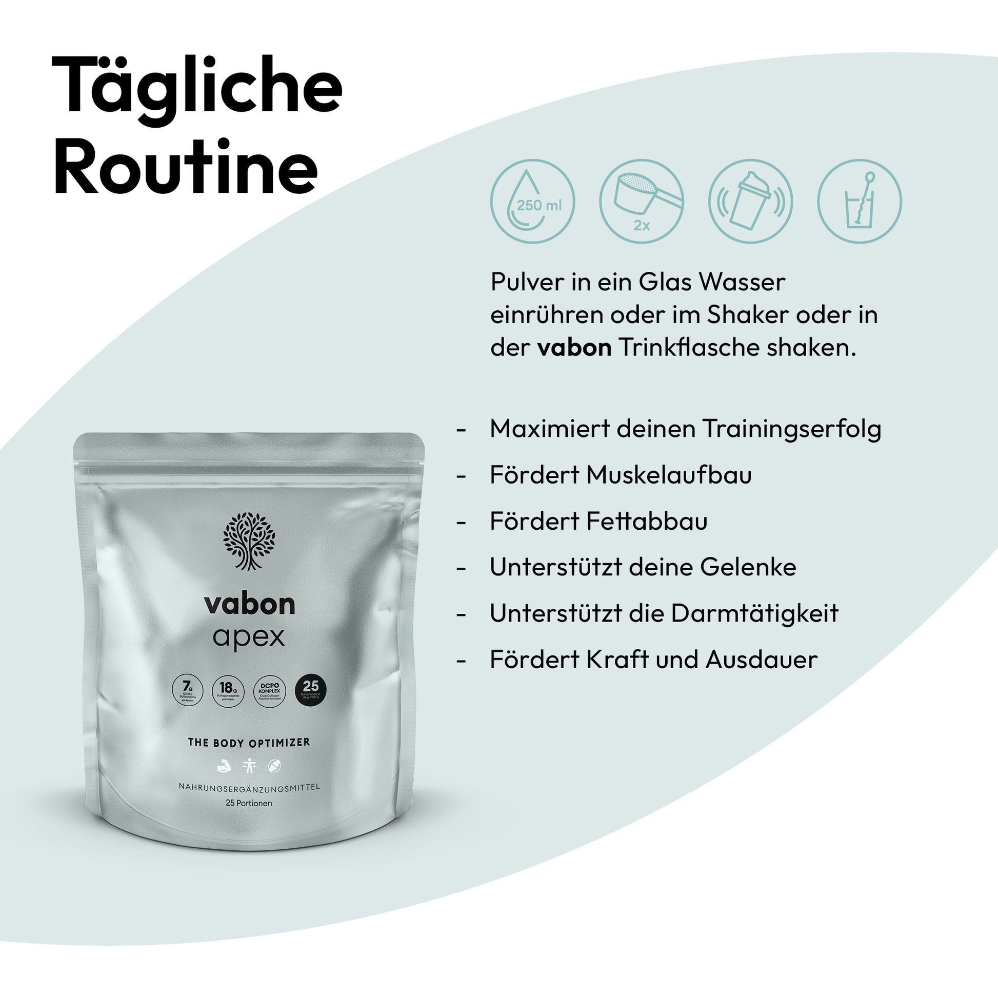 vabon apex Pulver im silbernen Pouch. Anwendung: Einrühren in 250 ml Wasser, im Shaker oder in der vabon Trinkflasche zubereiten. Vorteile: maximiert Trainingserfolg, unterstützt Muskelaufbau, Fettabbau, Gelenke, Darmtätigkeit sowie Kraft und Ausdauer.