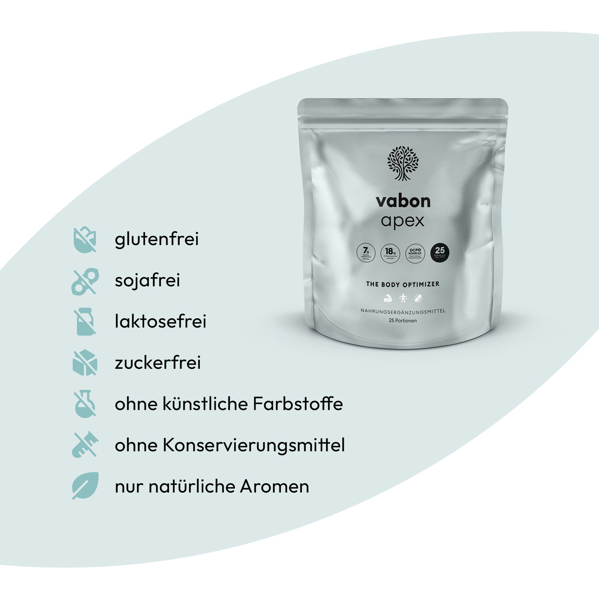 vabon apex Pouch im silbergrauen Design mit Baum-Logo. Eigenschaften: glutenfrei, sojafrei, laktosefrei, zuckerfrei, ohne künstliche Farbstoffe, ohne Konservierungsmittel, nur natürliche Aromen. Der Body Optimizer für deine tägliche Gesundheit.