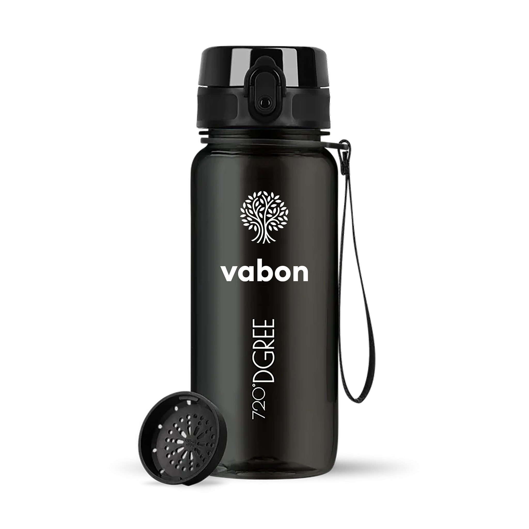Schwarze vabon Trinkflasche von 720°DGREE mit praktischem Deckel, abnehmbarem Siebeinsatz und Trageschlaufe. Perfekt für Wasser, Shakes oder vabon Nahrungsergänzungspulver – wiederverwendbar, BPA-frei und nachhaltig.