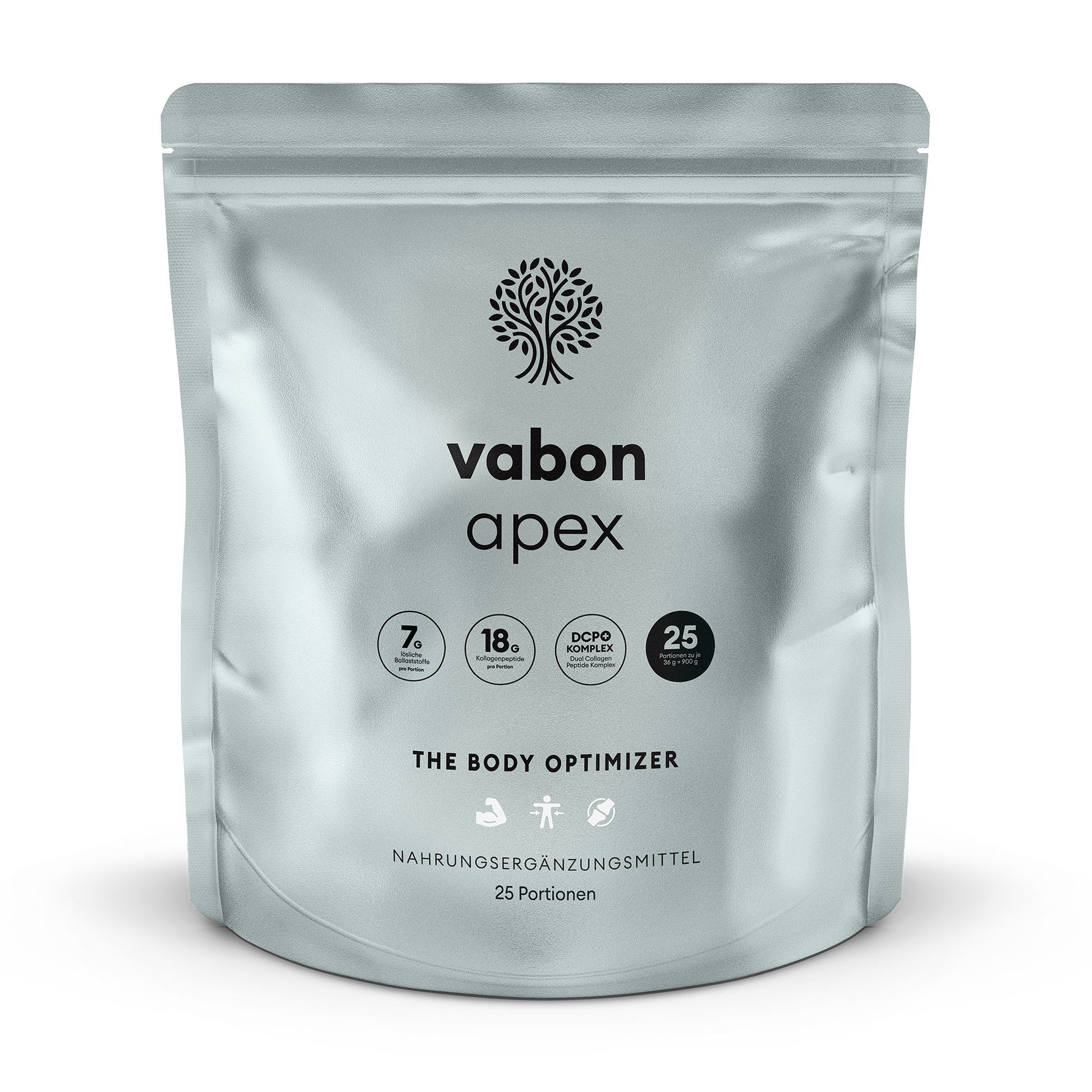 vabon apex Pouch in türkisfarbenem Design mit schwarzem Logo. Enthält 25 Portionen Body Optimizer Pulver mit Vitaminen, Mineralstoffen, Ballaststoffen und Kollagenpeptiden. Nahrungsergänzungsmittel zur Unterstützung von Muskelaufbau, Fettstoffwechsel, Gelenken, Darmgesundheit sowie Kraft und Ausdauer.