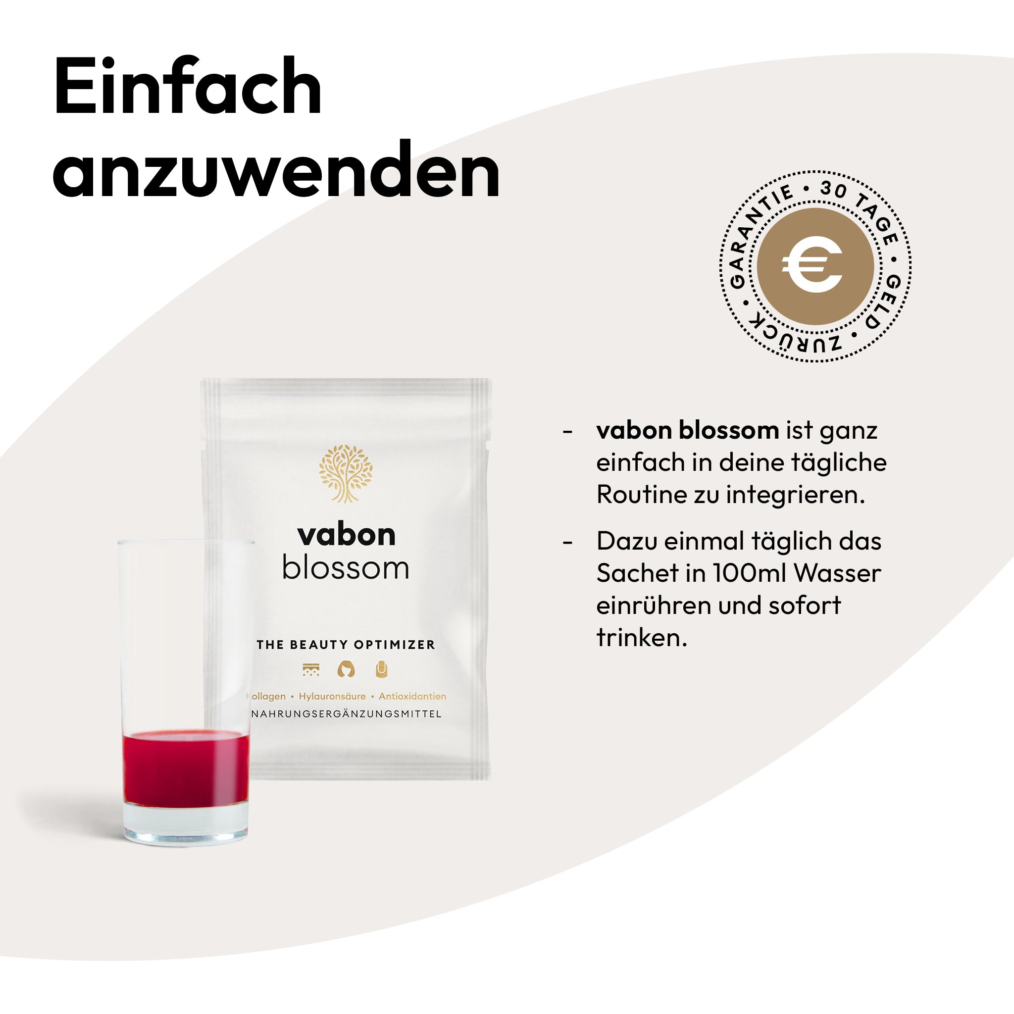 vabon blossom – Beauty Optimizer Trinkpulver im Sachet. Anwendung: 1x täglich in 100 ml Wasser einrühren und sofort trinken. Nahrungsergänzung mit Kollagen, Hyaluronsäure und Antioxidantien. Mit 30-Tage-Geld-zurück-Garantie.