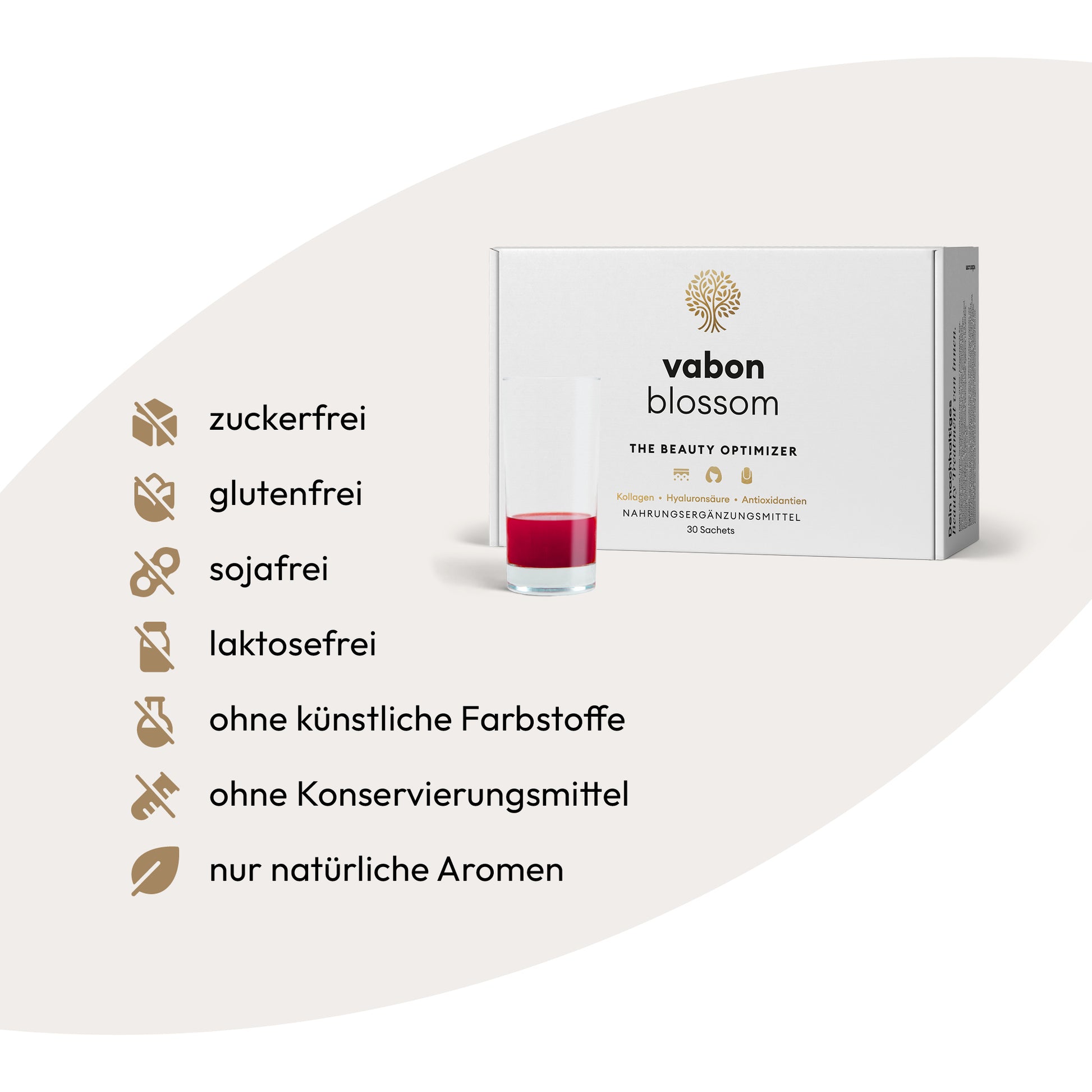 Produktverpackung von vabon blossom – The Beauty Optimizer – mit einem Glas roten Getränks. Das Nahrungsergänzungsmittel ist zuckerfrei, glutenfrei, sojafrei, laktosefrei, ohne künstliche Farbstoffe, ohne Konservierungsmittel und enthält nur natürliche Aromen.