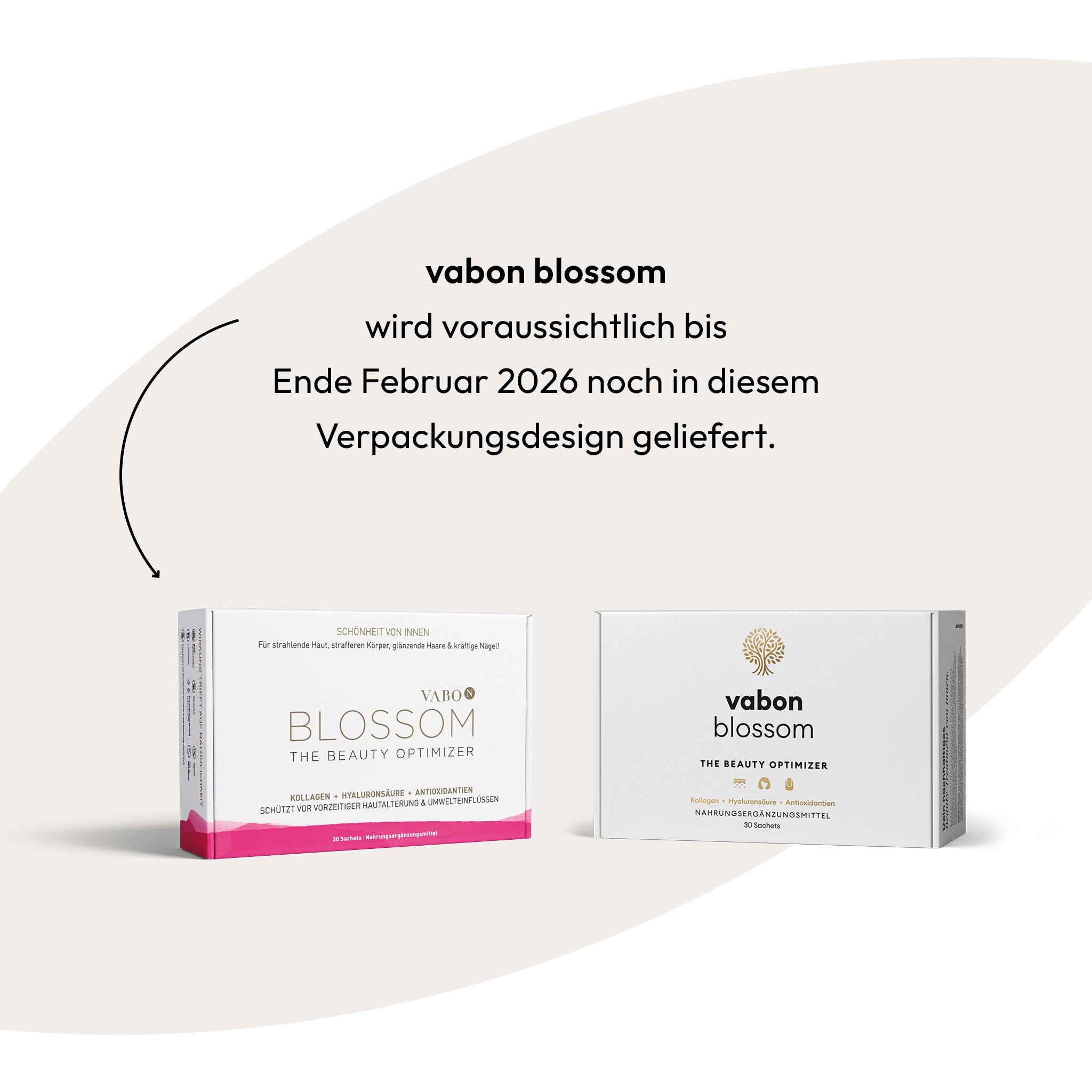 vabon blossom Verpackungsdesign-Update: Links die alte Verpackung mit pinkem Akzent, rechts die neue schlichte weiße Box mit vabon Logo und goldfarbenem Baum-Symbol. Hinweis: vabon blossom wird voraussichtlich bis Ende Februar 2026 noch im alten Design ausgeliefert.