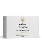 vabon blossom Box in weißem Design mit goldfarbenem Logo. Enthält 30 Sachets Beauty-Drink mit Kollagen, Hyaluronsäure und Antioxidantien. Nahrungsergänzungsmittel für Haut, Haare, Nägel und Bindegewebe zur Unterstützung der natürlichen Schönheit von innen.