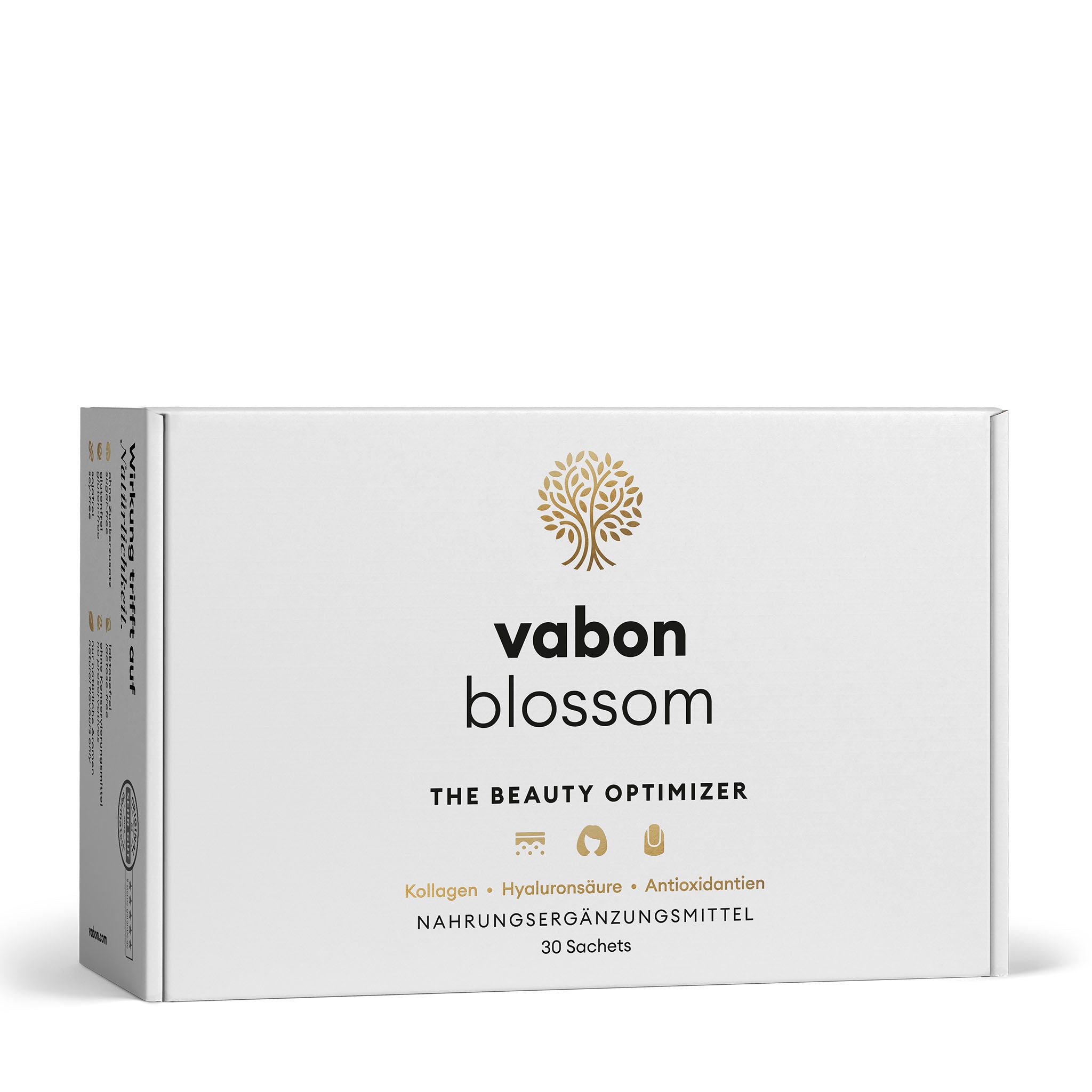 vabon blossom Box in weißem Design mit goldfarbenem Logo. Enthält 30 Sachets Beauty-Drink mit Kollagen, Hyaluronsäure und Antioxidantien. Nahrungsergänzungsmittel für Haut, Haare, Nägel und Bindegewebe zur Unterstützung der natürlichen Schönheit von innen.