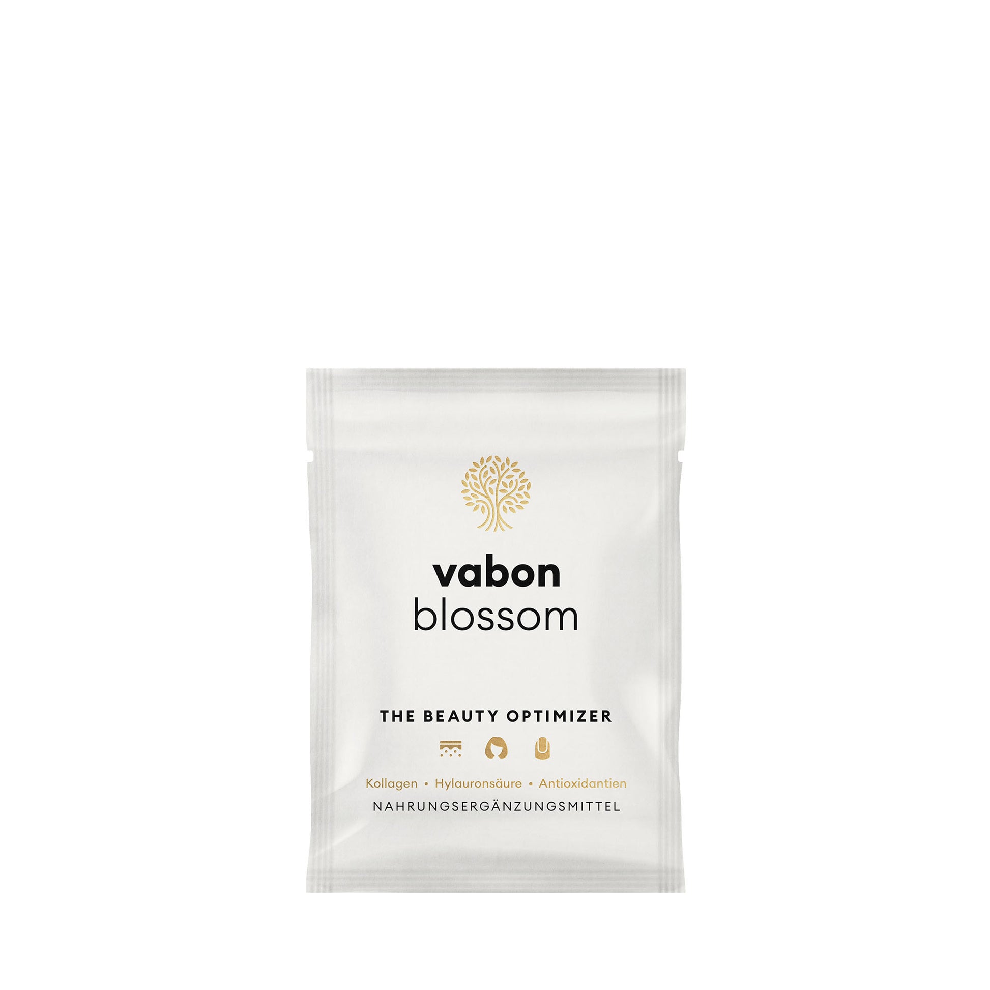 vabon blossom Trinkpulver-Sachet in weiß-goldenem Design mit Baum-Logo. Aufdruck: The Beauty Optimizer mit Kollagen, Hyaluronsäure und Antioxidantien. Nahrungsergänzungsmittel für Haut, Haare und Nägel.
