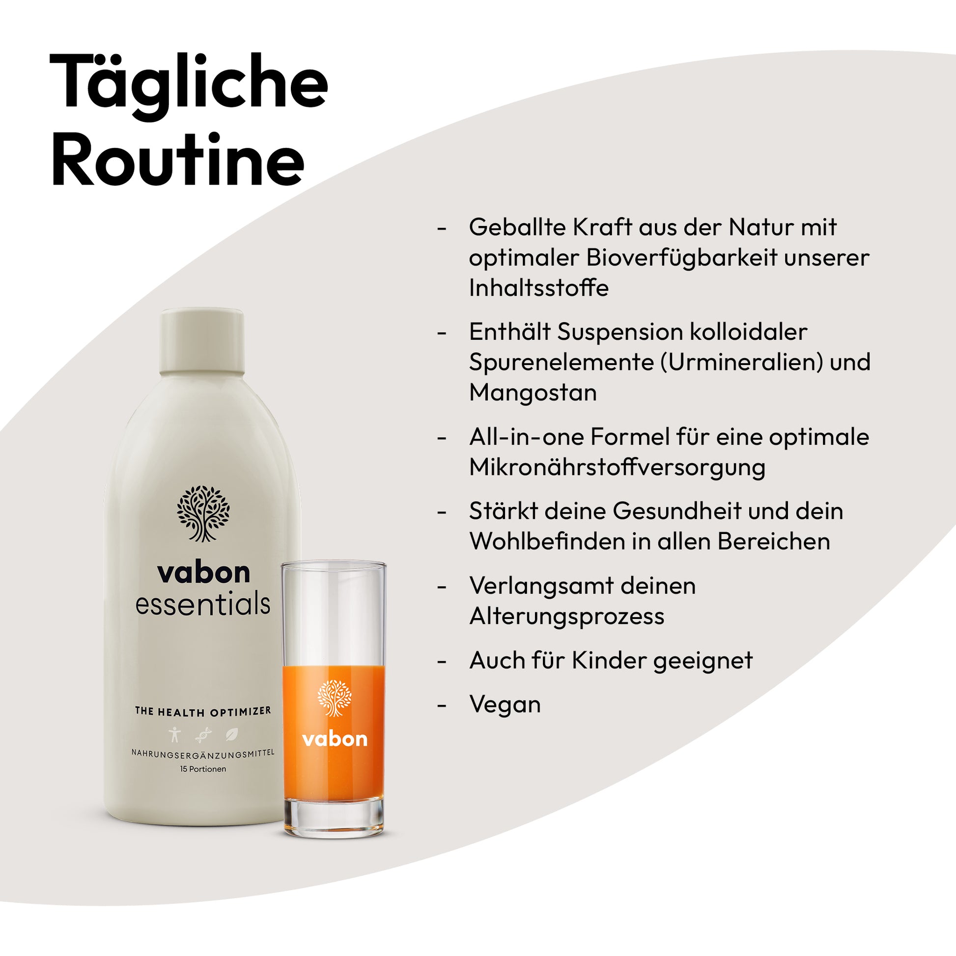 vabon essentials Flasche mit Shotglas. Vorteile: hohe Bioverfügbarkeit, Urmineralien und Mangostan, optimale Mikronährstoffversorgung, unterstützt Gesundheit und Wohlbefinden, verlangsamt Alterungsprozess, auch für Kinder geeignet, vegan.