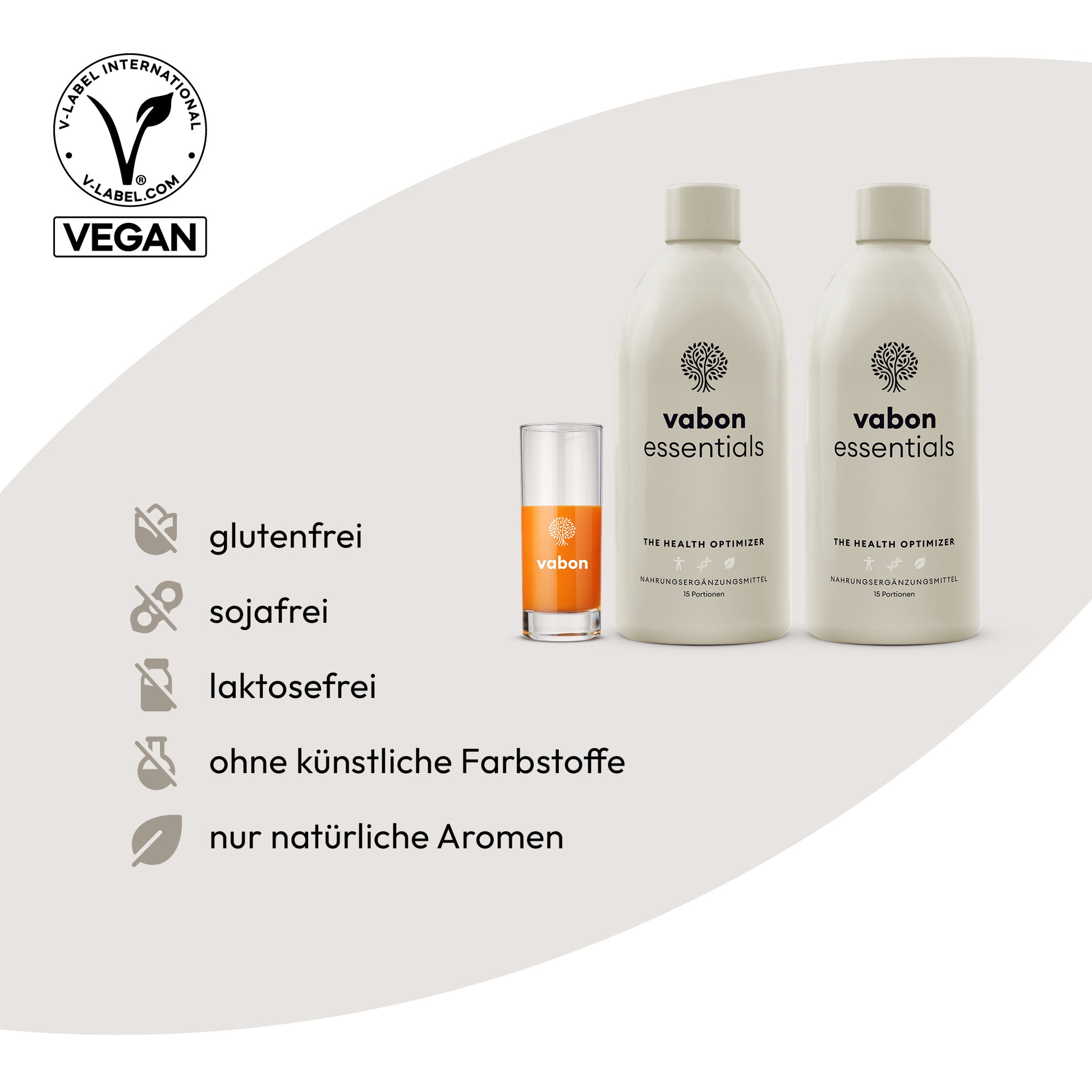 vabon essentials Flaschen mit Glas. Produkt ist vegan, glutenfrei, sojafrei, laktosefrei, ohne künstliche Farbstoffe und nur mit natürlichen Aromen. Vegan-Siegel oben links.
