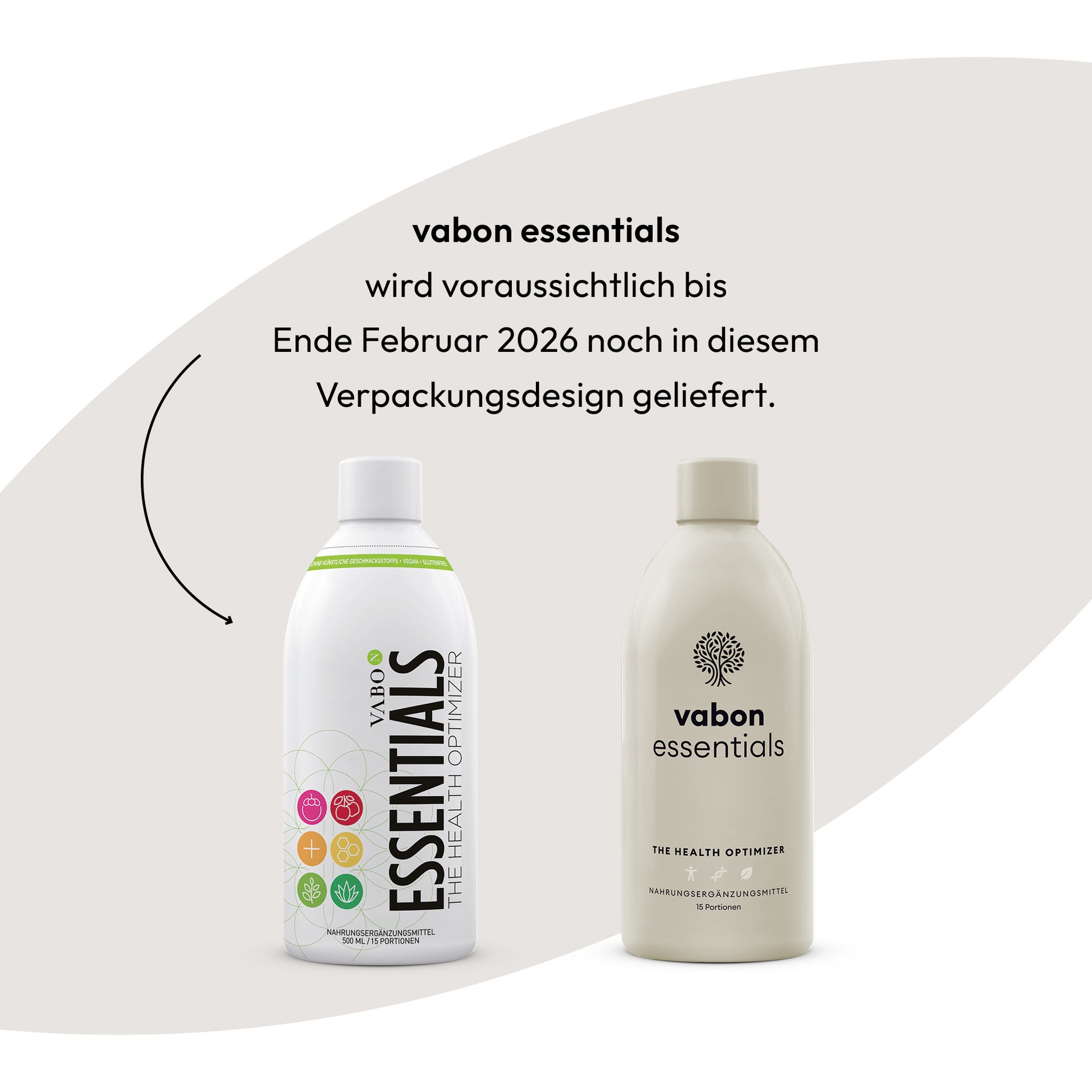 vabon essentials Flasche im aktuellen weißen Design mit bunten Symbolen und im neuen minimalistischen Design in Beige mit Baum-Logo. Hinweis: Lieferung bis voraussichtlich Februar 2026 noch im alten Design, Produktinhalt bleibt unverändert.