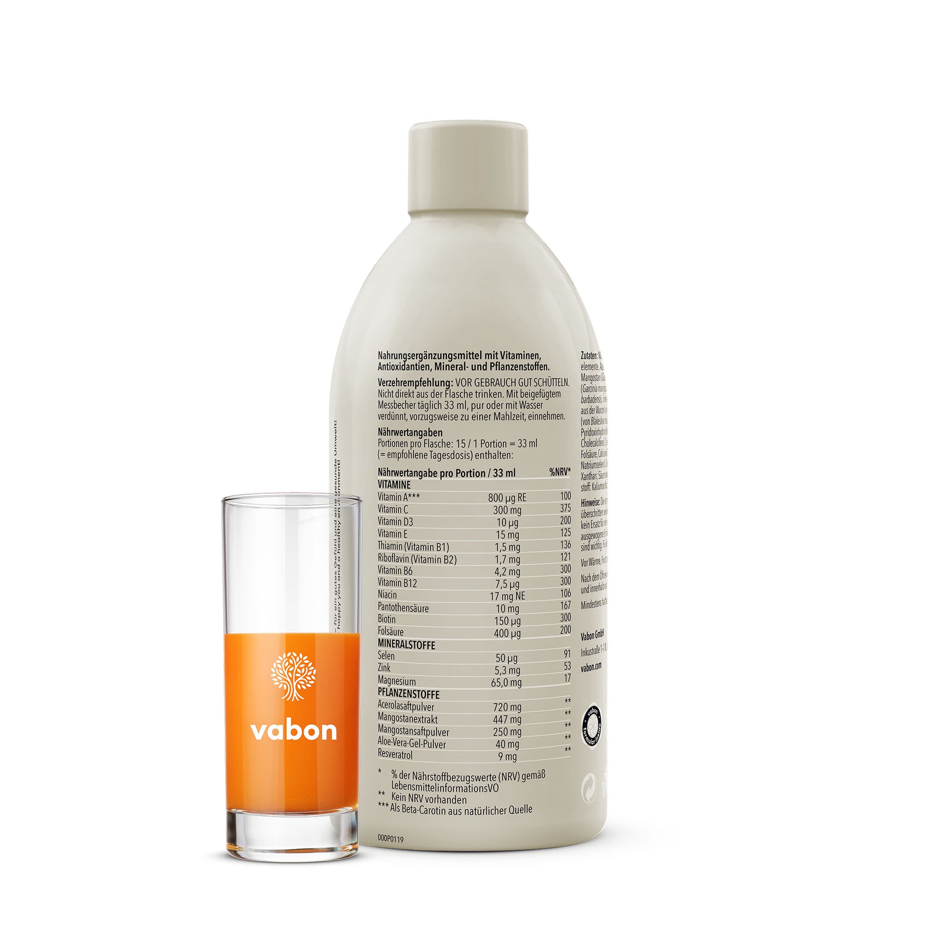 Rückseite der vabon essentials Flasche mit sichtbarer Nährwerttabelle. Daneben ein Shotglas mit orangefarbenem Health Optimizer Drink. Flüssiges Nahrungsergänzungsmittel mit Vitaminen, Mineralstoffen und Pflanzenextrakten für Energie, Immunsystem und Wohlbefinden.