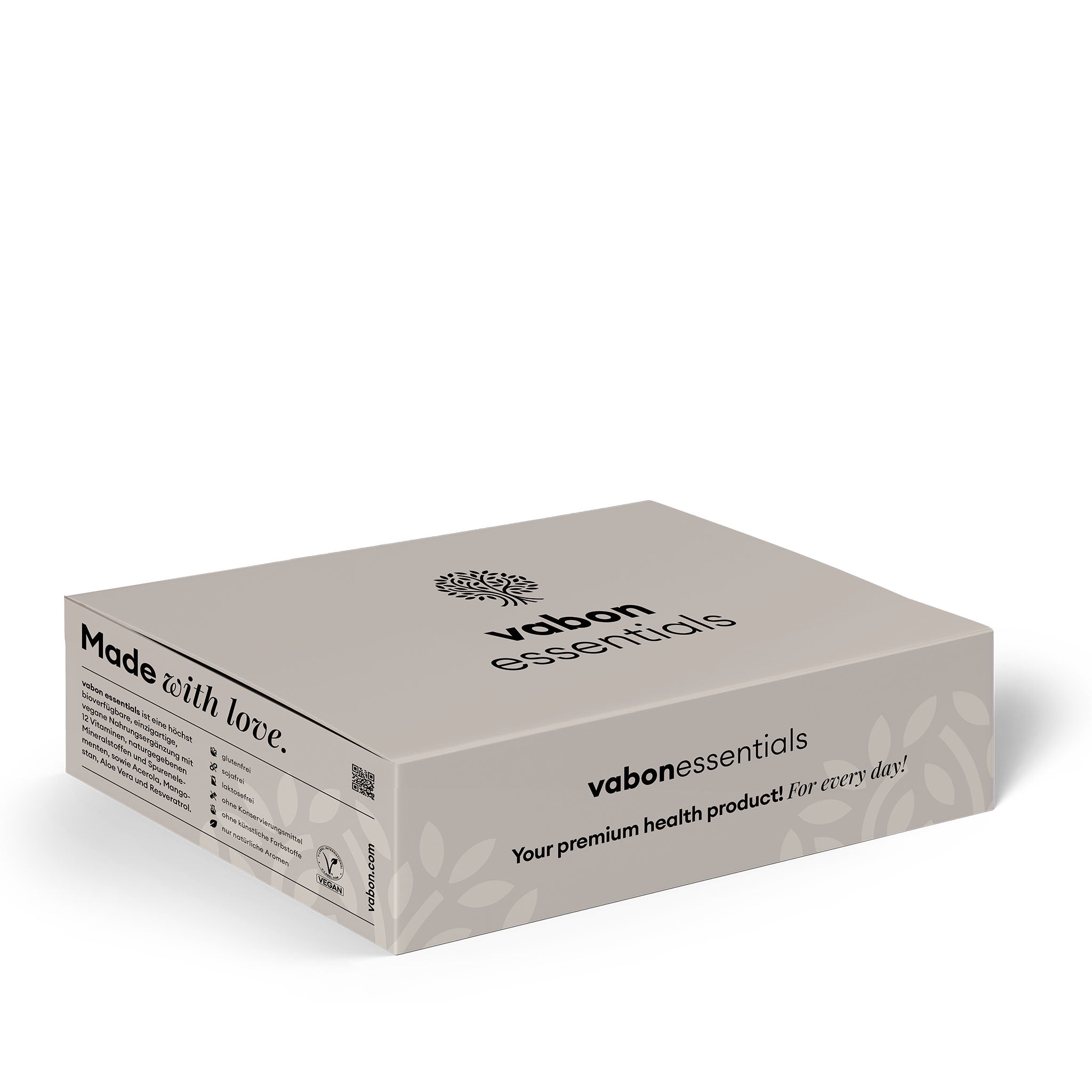 vabon essentials – greige Verpackung mit dem Schriftzug 'Made with love' und 'Your premium health product! For every day!'. Nahrungsergänzungsmittel für tägliche Gesundheit und Vitalität.