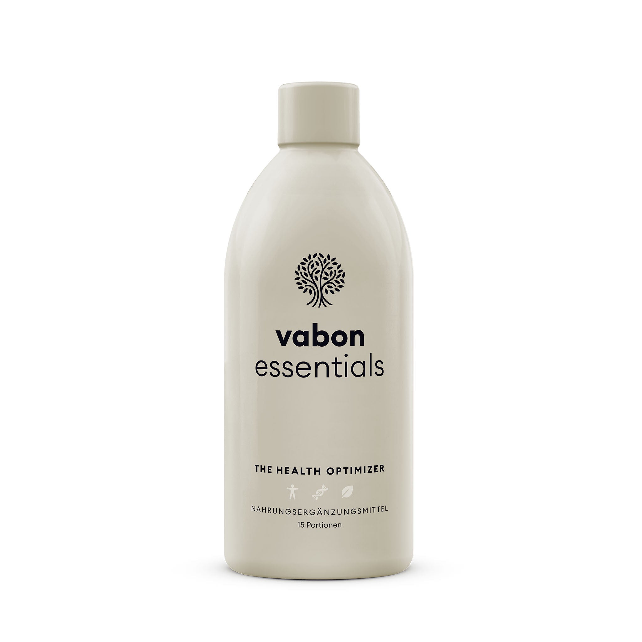 Vorderseite der vabon essentials Flasche in Greige mit Logo und Aufschrift ‚The Health Optimizer‘. Flüssiges Nahrungsergänzungsmittel mit Vitaminen, Mineralstoffen und Pflanzenextrakten. Enthält 15 Portionen zur täglichen Unterstützung von Energie, Immunsystem und Gesundheit.
