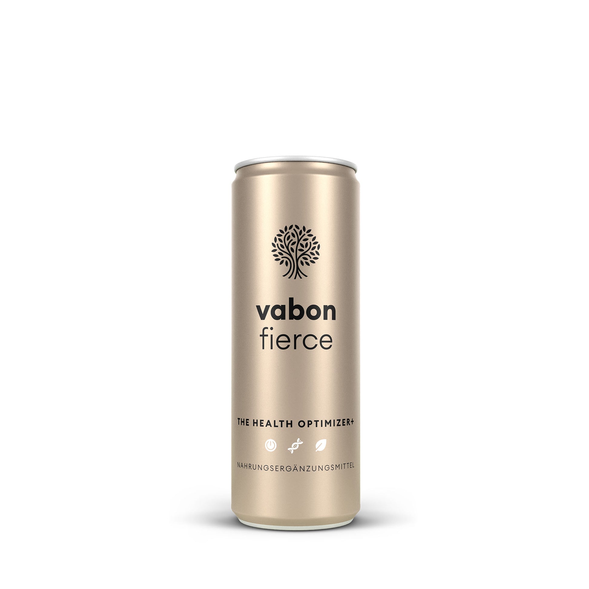 "Edle greige Getränkedose vabon fierce – The Health Optimizer+. Nahrungsergänzung in flüssiger Form für mehr Energie, Fokus und Leistungsfähigkeit. Ideal als Functional Drink für Sport und Alltag.