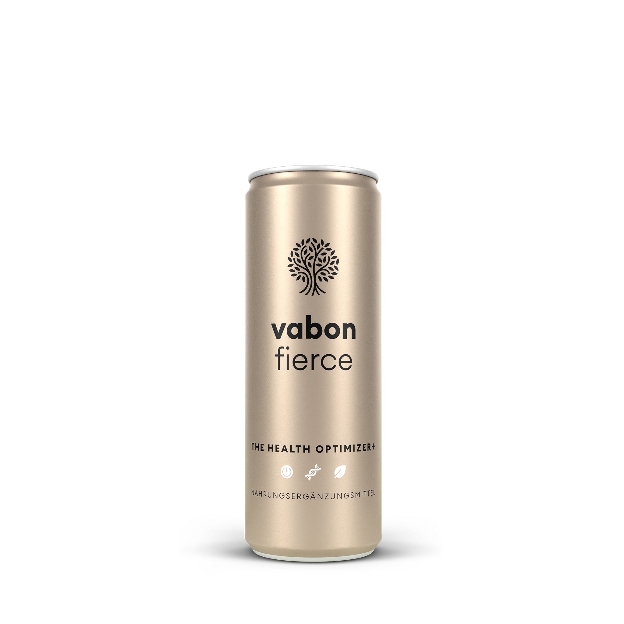 "Edle greige Getränkedose vabon fierce – The Health Optimizer+. Nahrungsergänzung in flüssiger Form für mehr Energie, Fokus und Leistungsfähigkeit. Ideal als Functional Drink für Sport und Alltag.