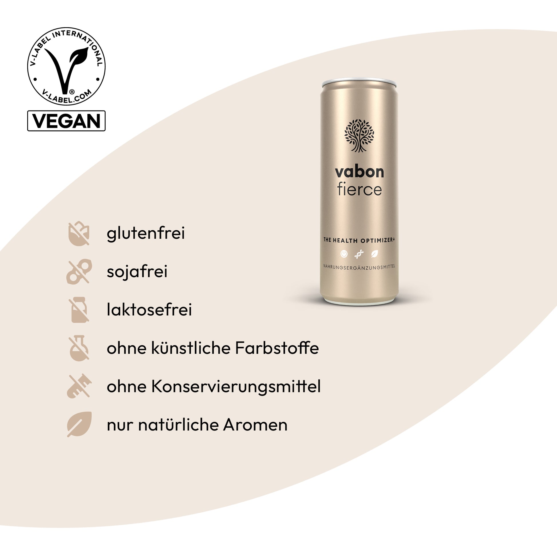 vabon fierce Dose im champagnerfarbenen Design mit Baum-Logo. Vorteile: vegan, glutenfrei, sojafrei, laktosefrei, ohne künstliche Farbstoffe, ohne Konservierungsmittel, nur natürliche Aromen. Vegan-Siegel oben links.