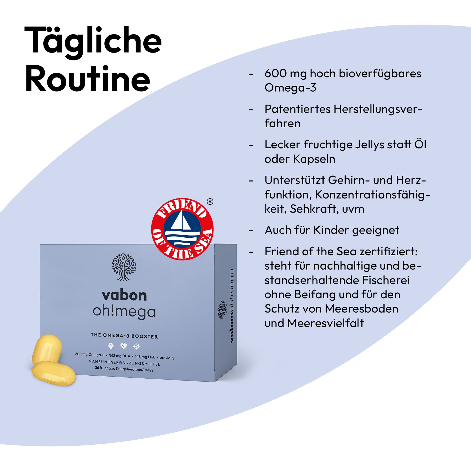 vabon oh!mega Verpackung mit zwei gelben Jellies. Vorteile: 600 mg hoch bioverfügbares Omega-3, patentiertes Herstellungsverfahren, fruchtige Jellies statt Öl oder Kapseln, unterstützt Gehirn-, Herz- und Sehfunktion sowie Konzentration, auch für Kinder geeignet. Friend of the Sea zertifiziert für nachhaltige Fischerei und Schutz der Meeresvielfalt.