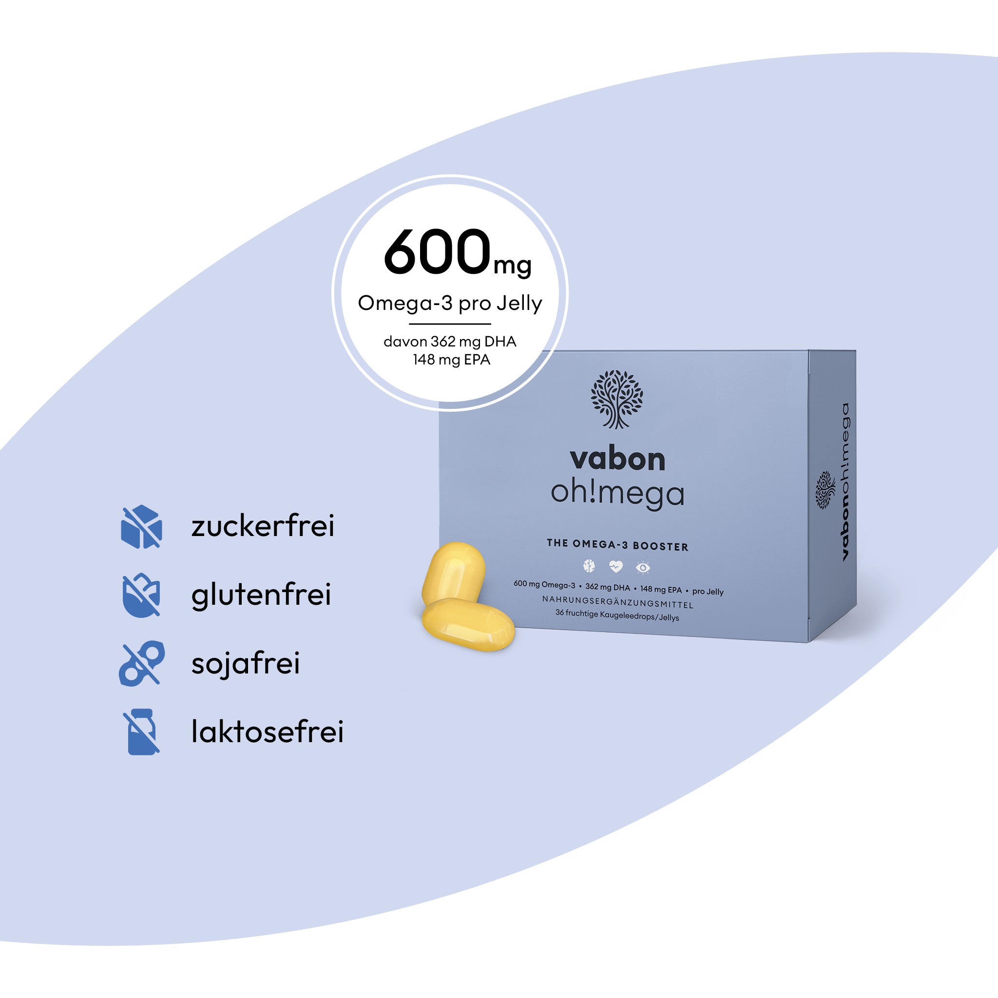 vabon oh!mega Verpackung mit zwei gelben Jellies. Jedes Jelly enthält 600 mg Omega-3 (davon 362 mg DHA, 148 mg EPA). Vorteile: zuckerfrei, glutenfrei, sojafrei, laktosefrei.
