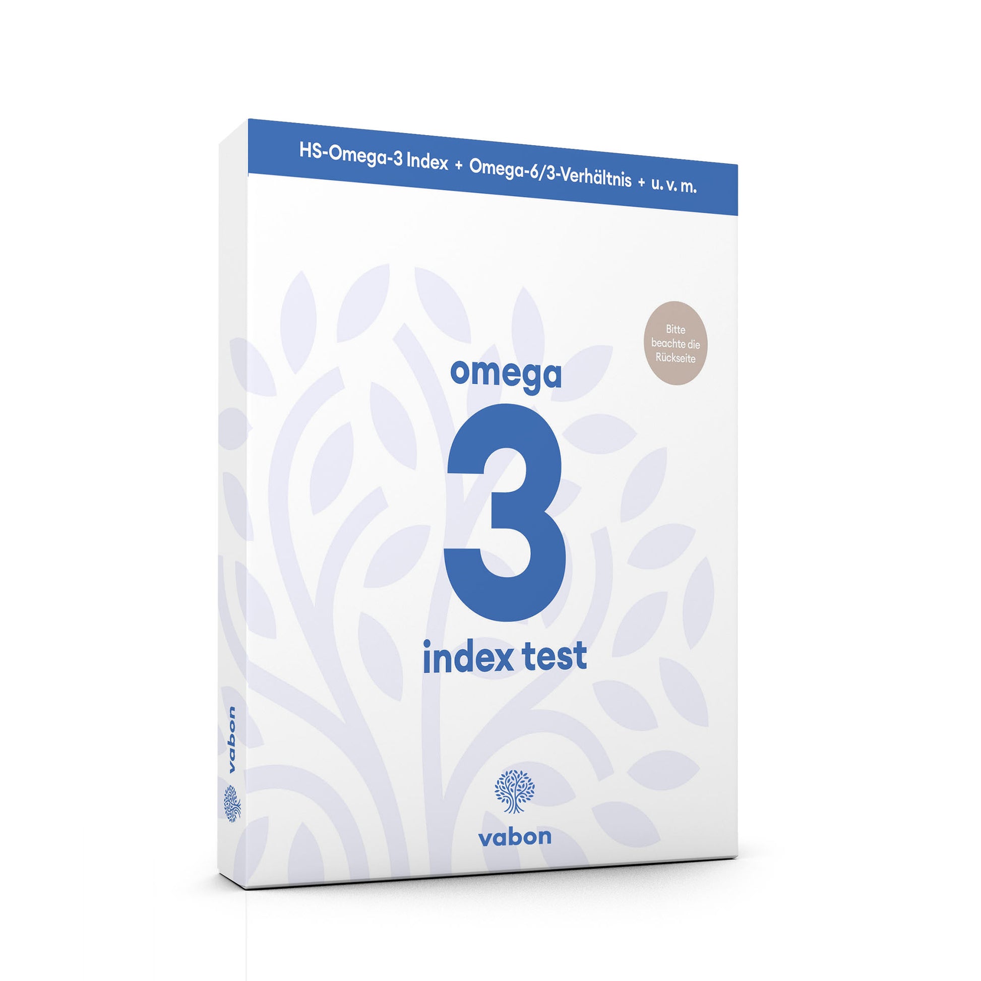 vabon omega-3 index test in weiß-blauer Verpackung. Testkit zur Messung von Omega-3- und Omega-6-Werten im Blut, zeigt Verhältnis für Herz-, Gehirn- und Zellgesundheit. Einfacher Selbsttest für präzise Ernährungsoptimierung