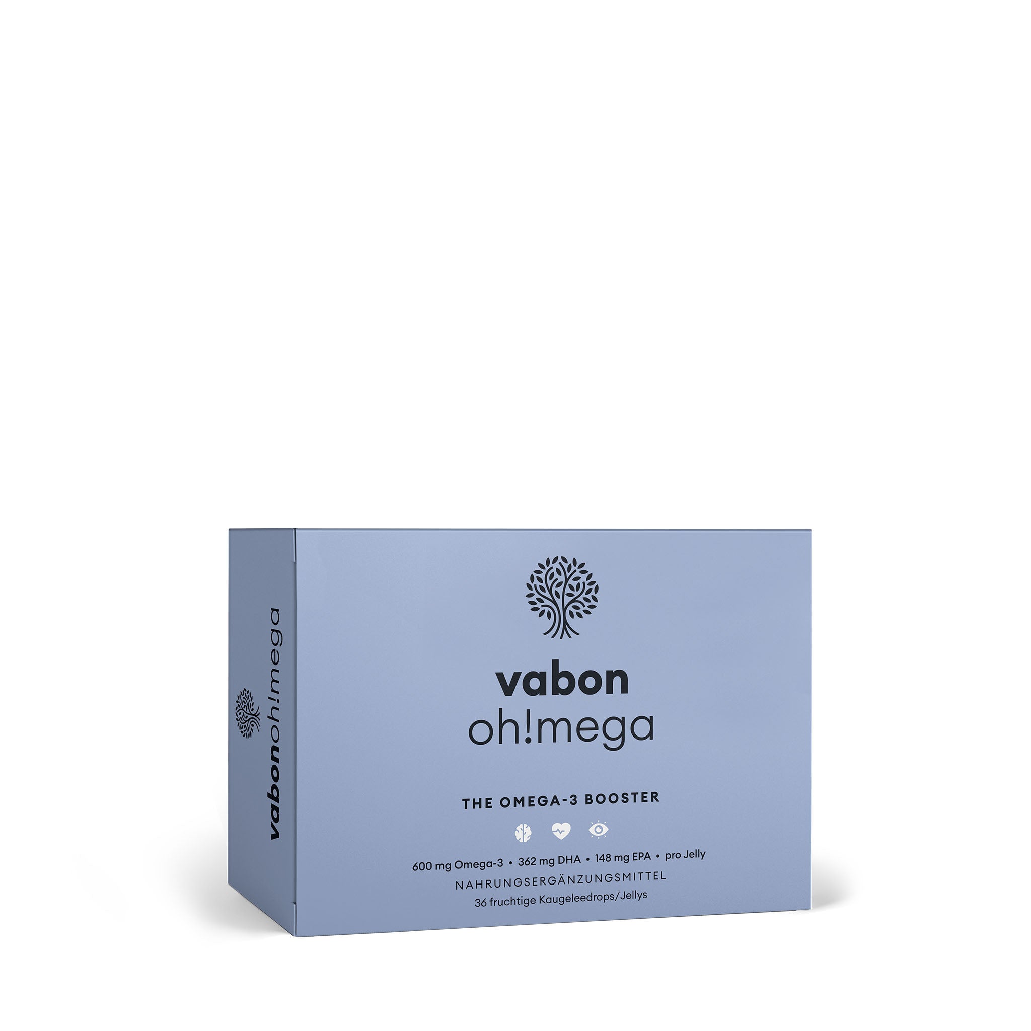 Blaue Produktverpackung von vabon oh!mega – The Omega-3 Booster, 36 Jellies pro Box. Jede Portion enthält 600 mg Omega-3-Fettsäuren mit 362 mg DHA und 148 mg EPA. Hochwertiges Nahrungsergänzungsmittel für Herzgesundheit, Gehirnfunktion und Sehkraft.