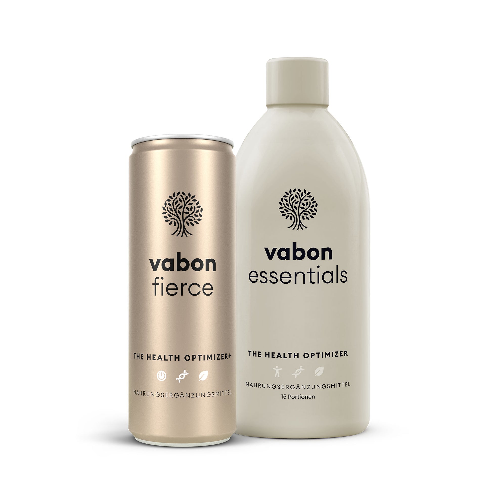 vabon fierce Dose und vabon essentials Flasche nebeneinander: Premium-Nahrungsergänzung zur täglichen Gesundheits- und Energieoptimierung. vabon fierce als Energy-Drink mit Vitaminen, Mineralstoffen und Pflanzenextrakten, vabon essentials als Shot-Formel für Immunsystem, Vitalität und Leistungsfähigkeit.