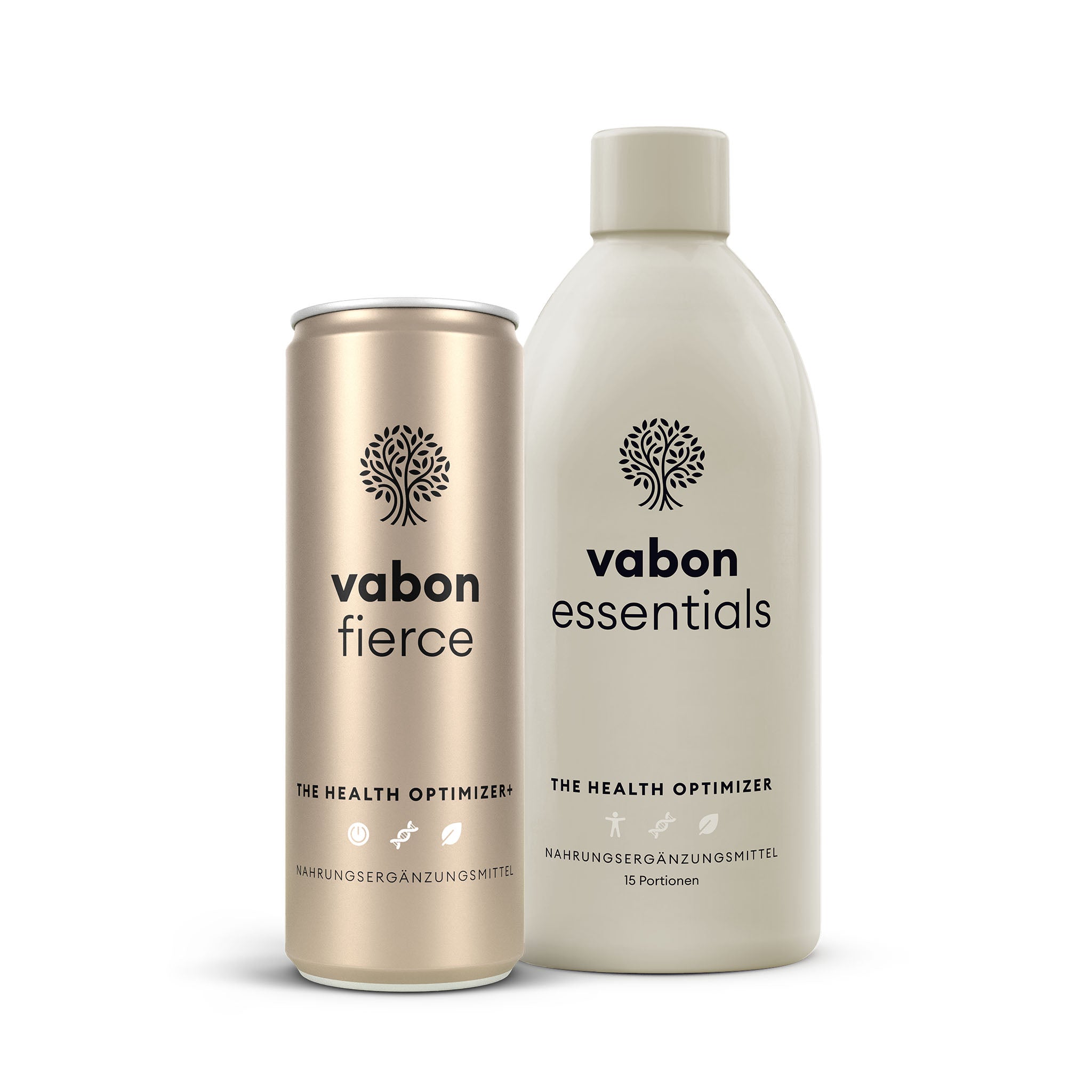 vabon fierce Dose und vabon essentials Flasche nebeneinander: Premium-Nahrungsergänzung zur täglichen Gesundheits- und Energieoptimierung. vabon fierce als Energy-Drink mit Vitaminen, Mineralstoffen und Pflanzenextrakten, vabon essentials als Shot-Formel für Immunsystem, Vitalität und Leistungsfähigkeit.