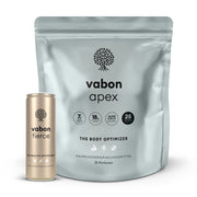 vabon apex Body Optimizer im silbernen Beutel mit 25 Portionen und vabon fierce Health Optimizer in goldener Dose. vabon apex unterstützt Muskelaufbau, Gelenke, Fettabbau und Ausdauer. vabon fierce liefert Vitamine, Mineralstoffe und Pflanzenextrakte für Energie, Konzentration und ganzheitliche Gesundheit.