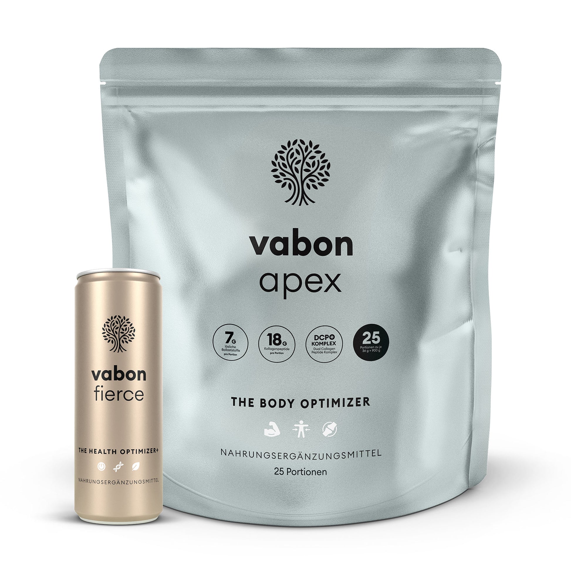 vabon apex Body Optimizer im silbernen Beutel mit 25 Portionen und vabon fierce Health Optimizer in goldener Dose. vabon apex unterstützt Muskelaufbau, Gelenke, Fettabbau und Ausdauer. vabon fierce liefert Vitamine, Mineralstoffe und Pflanzenextrakte für Energie, Konzentration und ganzheitliche Gesundheit.