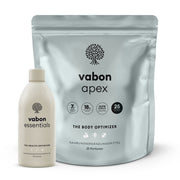 vabon essentials in greiger Flasche und vabon apex Body Optimizer im türkisen Beutel. vabon essentials liefert Vitamine, Mineralstoffe und Pflanzenstoffe für tägliche Gesundheit. vabon apex unterstützt Muskelaufbau, Gelenke, Darmgesundheit sowie Kraft und Ausdauer – ideal für Fitness und Training.