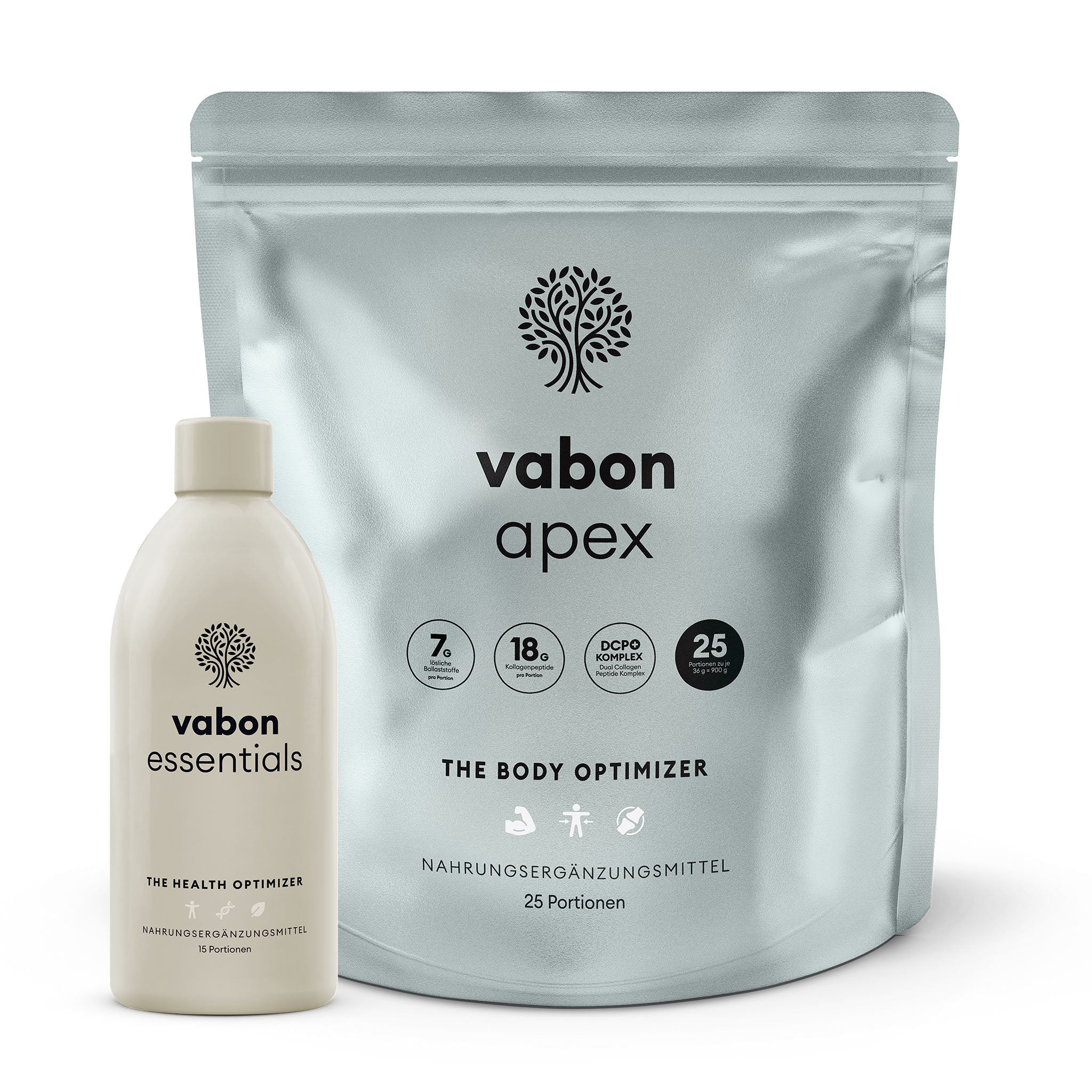 vabon essentials in greiger Flasche und vabon apex Body Optimizer im türkisen Beutel. vabon essentials liefert Vitamine, Mineralstoffe und Pflanzenstoffe für tägliche Gesundheit. vabon apex unterstützt Muskelaufbau, Gelenke, Darmgesundheit sowie Kraft und Ausdauer – ideal für Fitness und Training.
