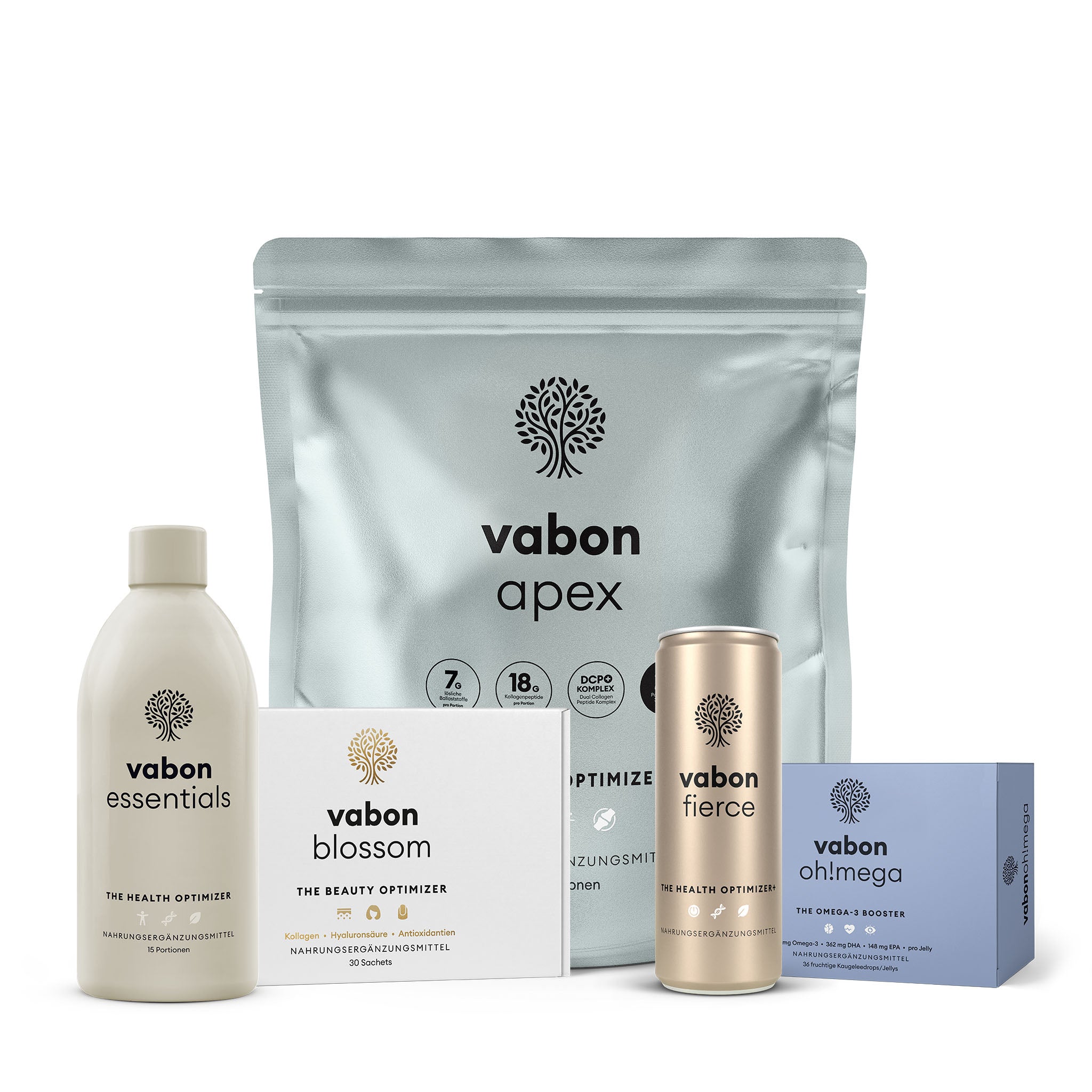 Fünf vabon Produkte nebeneinander: vabon apex Body Optimizer im türkisfarbenen Beutel, vabon essentials Health Optimizer in greiger Flasche, vabon blossom Beauty Optimizer in weißer Box, vabon fierce Health Optimizer in dunkelgreiger Dose und vabon oh!mega Omega-3 Booster in blauer Box. Komplettpaket für Energie, Regeneration, Schönheit, Herz- und Gehirnfunktion.