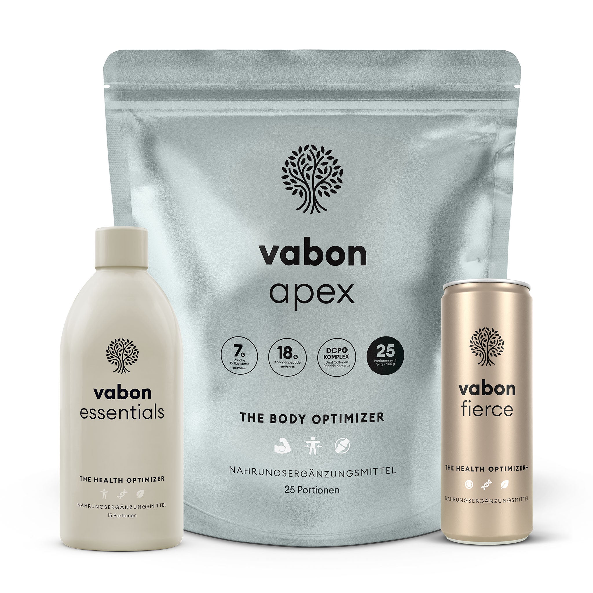 vabon apex Body Optimizer im türkisen Beutel, daneben vabon essentials Health Optimizer in greiger Flasche und vabon fierce Health Optimizer in goldener Dose. Kombination für Muskelaufbau, Energie, Regeneration, Konzentration und ganzheitliche Gesundheit.