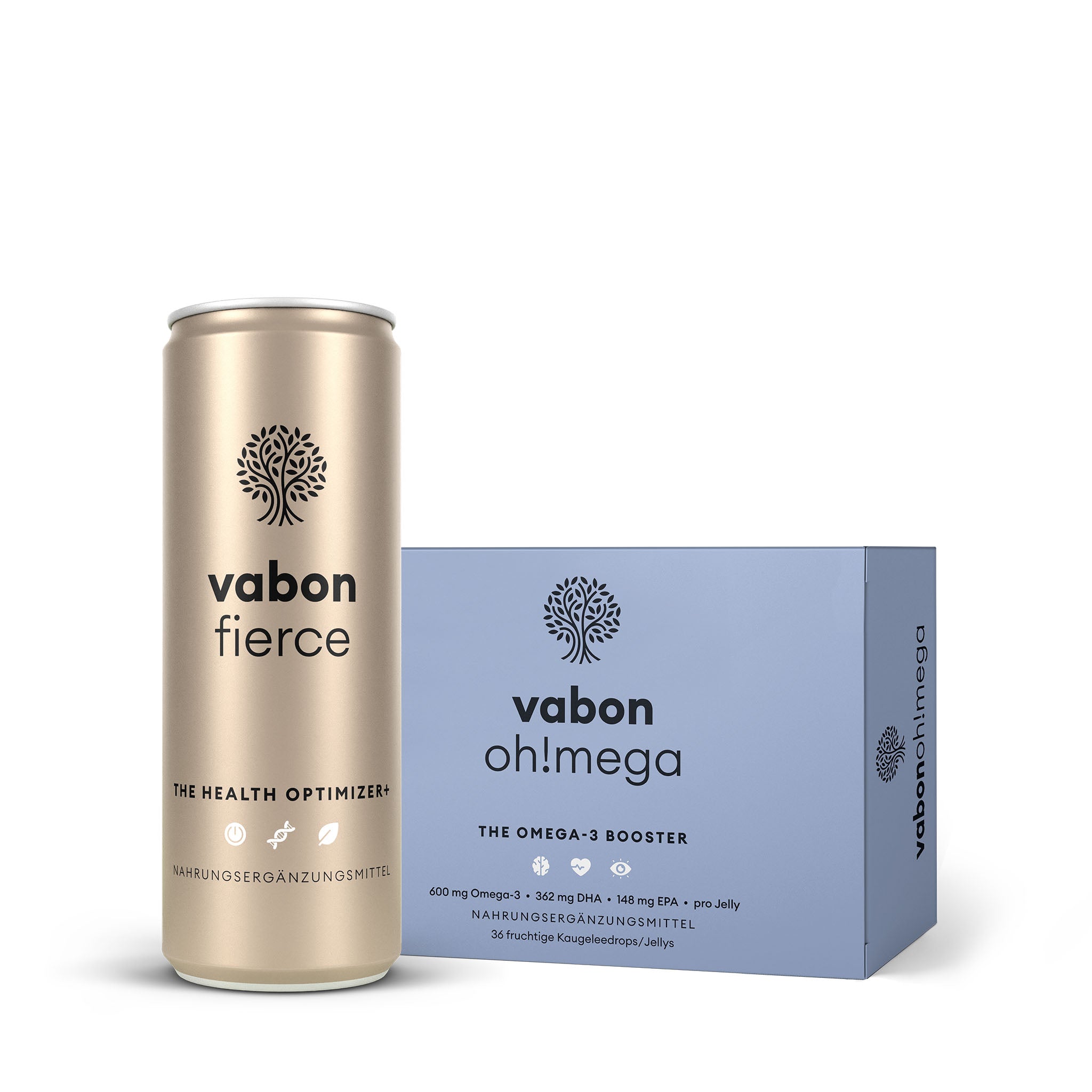 vabon fierce Energy-Drink in goldener Dose neben vabon oh!mega Omega-3 Jellies Packung. vabon fierce liefert Vitamine, Mineralstoffe und Pflanzenextrakte für Energie, Konzentration und Immunsystem. vabon oh!mega enthält 600 mg Omega-3 pro Jelly zur Unterstützung von Herz, Gehirn und Sehkraft."