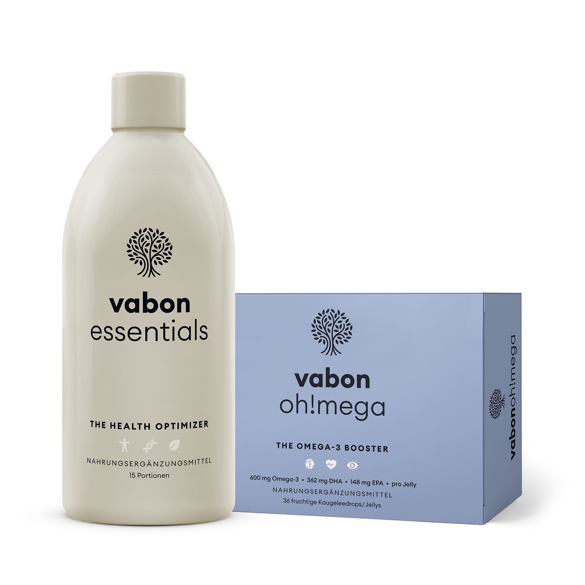 vabon essentials Flasche und vabon oh!mega Packung nebeneinander: Nahrungsergänzungen für ganzheitliche Gesundheit. vabon essentials liefert Vitamine, Mineralstoffe und Pflanzenextrakte für Immunsystem und Energie. vabon oh!mega bietet 600 mg Omega-3 pro Jelly zur Unterstützung von Herz, Gehirn und Sehkraft.