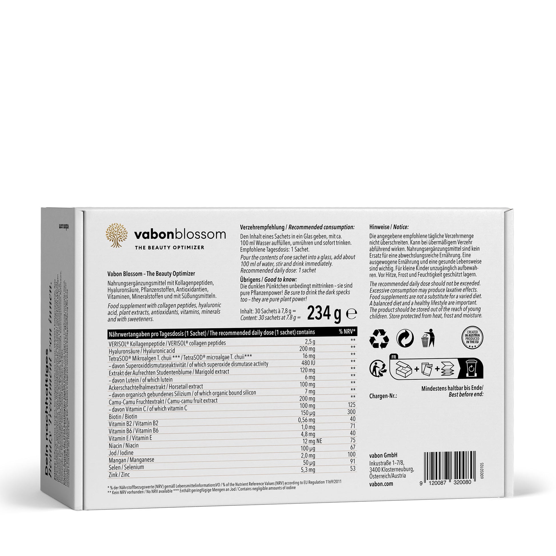 Rückseite der vabon blossom Verpackung. Angaben zu Inhaltsstoffen, Nährwerttabelle, empfohlener Verzehrmenge und rechtlichen Hinweisen. Gesamtinhalt 234 g. Enthalten sind u. a. Kollagen, Hyaluronsäure, Antioxidantien, Vitamine und Mineralstoffe.