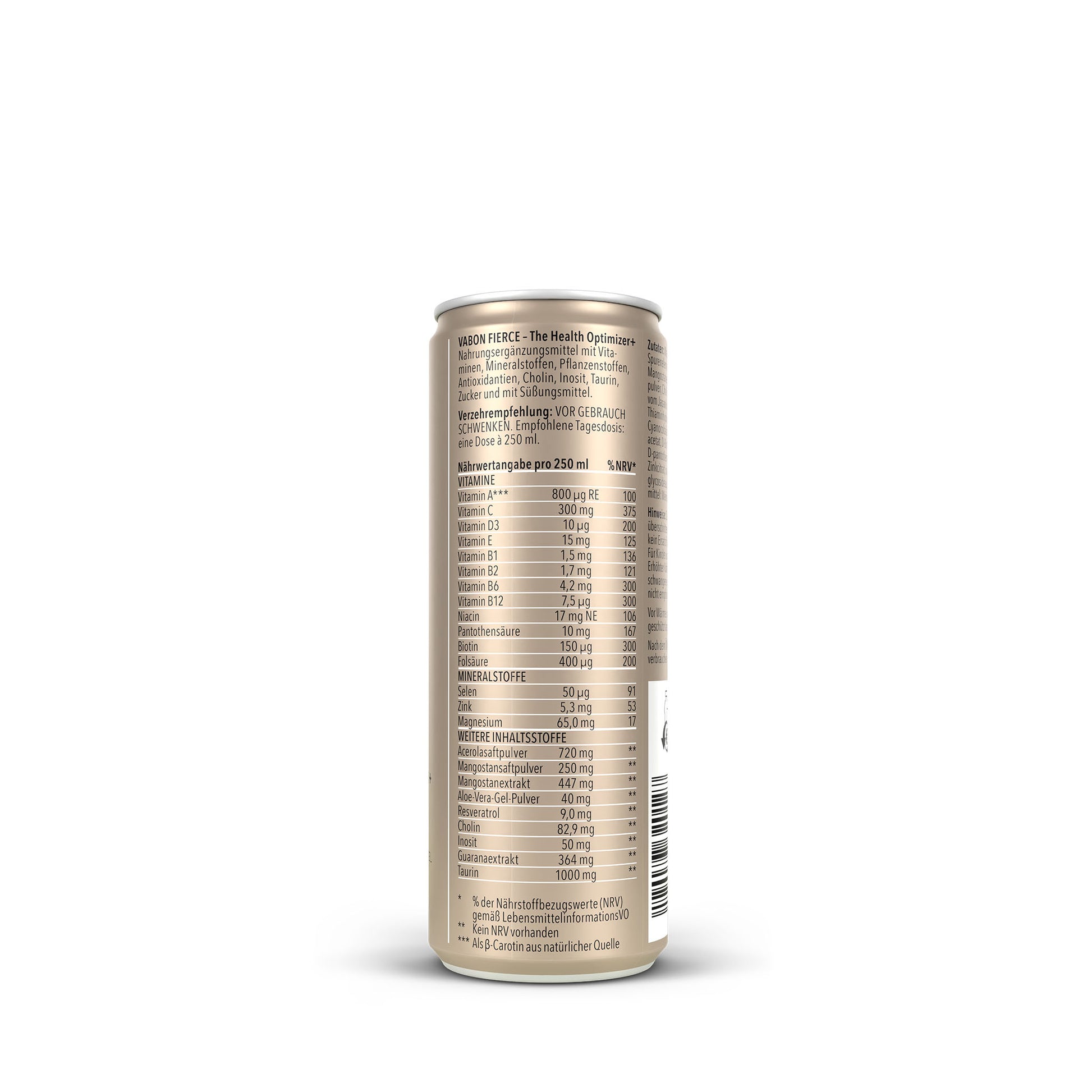 Nährwertangaben auf der Rückseite einer vabon fierce Dose, aufgeführt pro 250 ml. Enthalten sind Vitamine, Mineralstoffe und funktionale Inhaltsstoffe wie Koffein und Pflanzenextrakte.