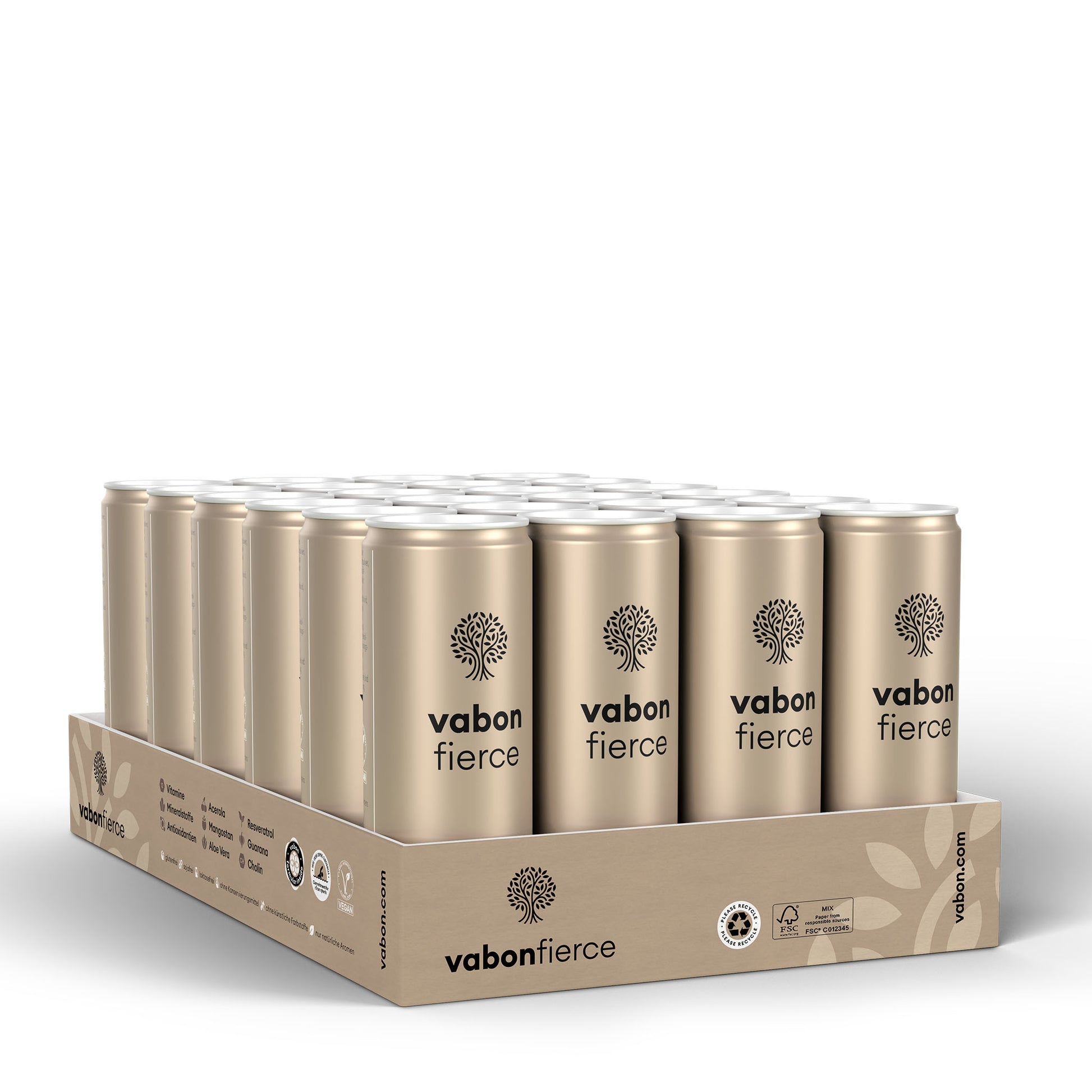 Tray mit mehreren Dosen vabon fierce im eleganten champagnerfarbenen Design mit Baum-Logo. Nahrungsergänzungsmittel-Drink für Energie, Fokus und Gesundheit.