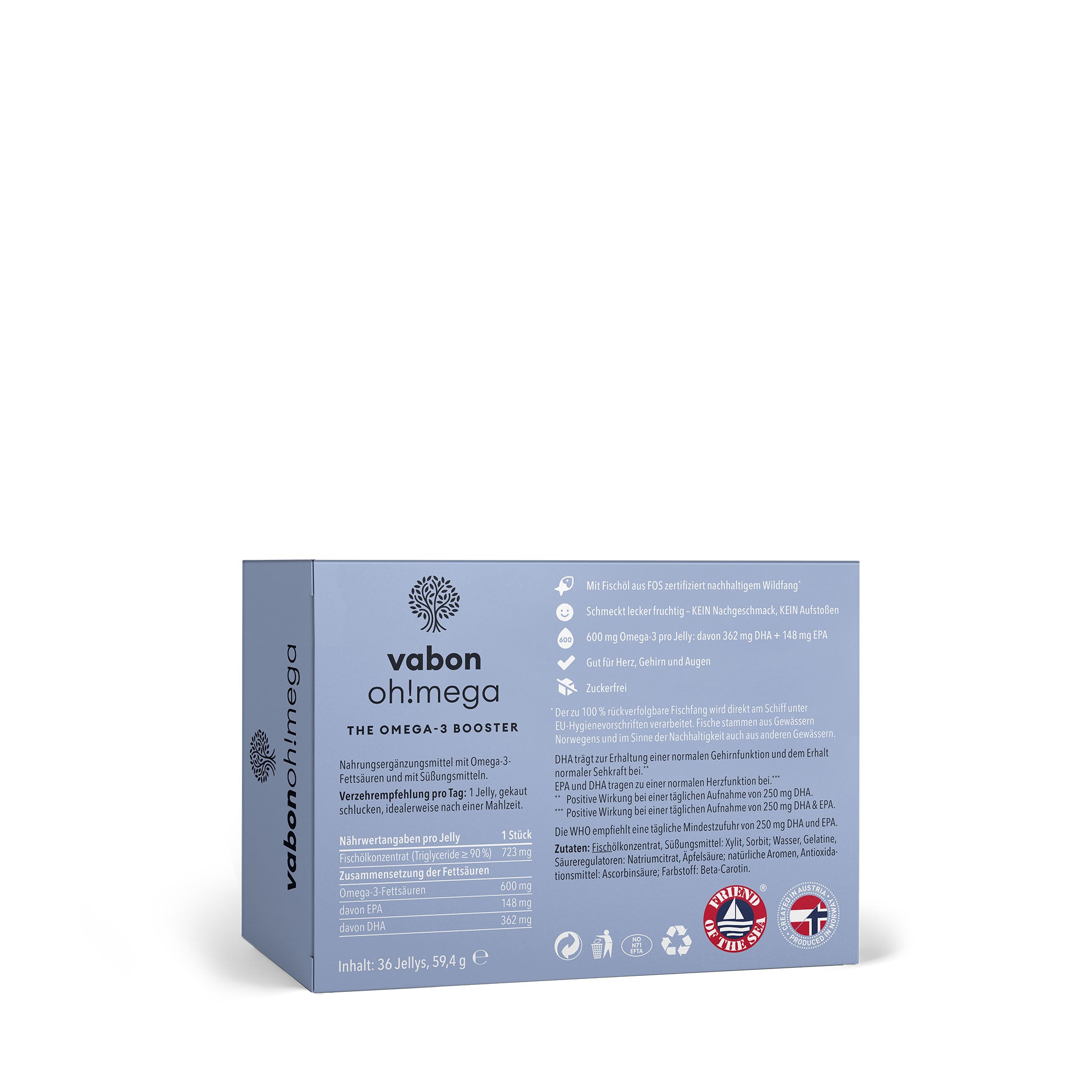 Blaue Verpackung von vabon oh!mega mit Baum-Logo. Beschriftung: The Omega-3 Booster. Enthält 36 Jellies mit Omega-3-Fettsäuren aus Algenöl, angereichert mit Vitamin D3 und Vitamin E. Rückseite mit Nährwertangaben, Siegeln und Herstellerinformationen.