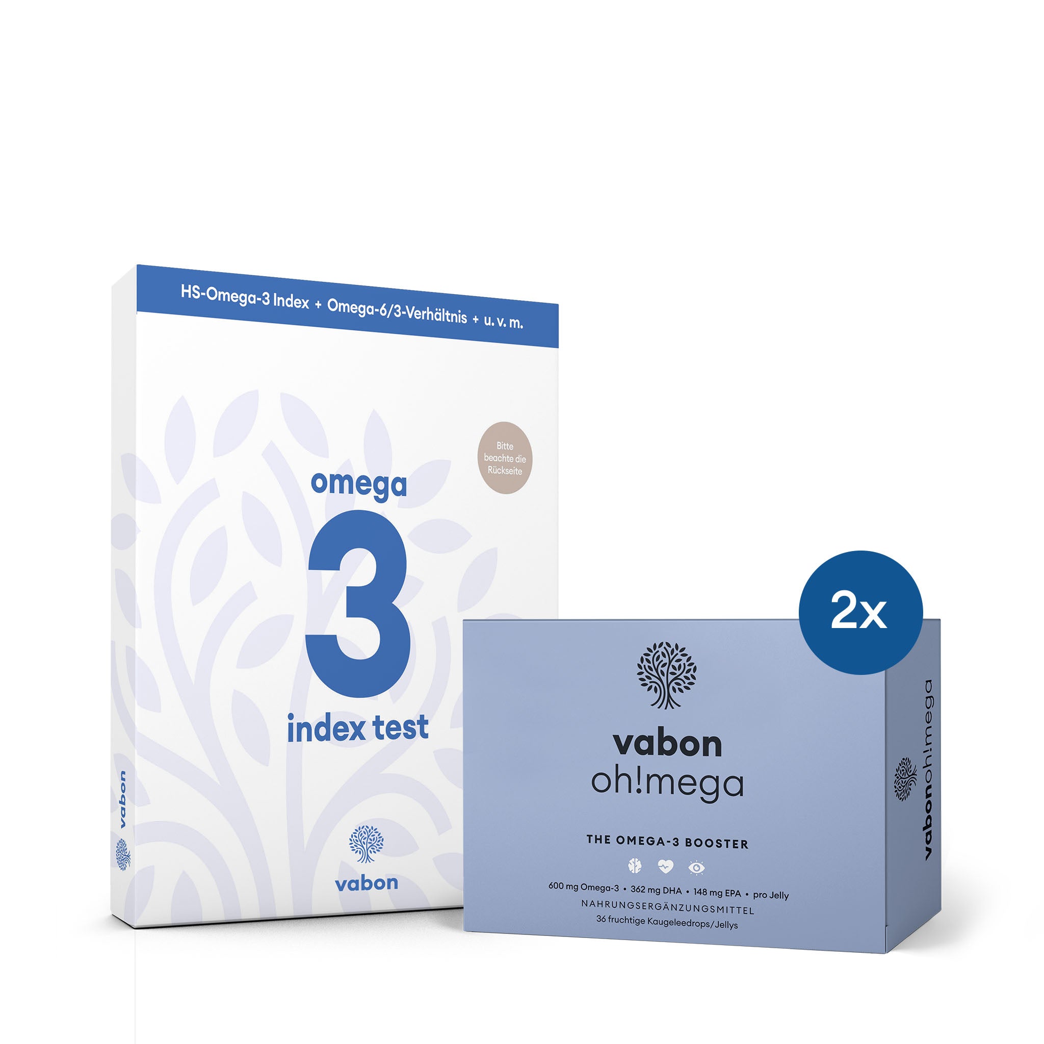 vabon omega-3 index test und vabon oh!mega Set: Selbsttest zur Bestimmung des Omega-3-Spiegels kombiniert mit zwei Packungen Omega-3 Jellies (600 mg Omega-3 pro Jelly). Perfekt zur Analyse und direkten Unterstützung der Omega-3-Versorgung.