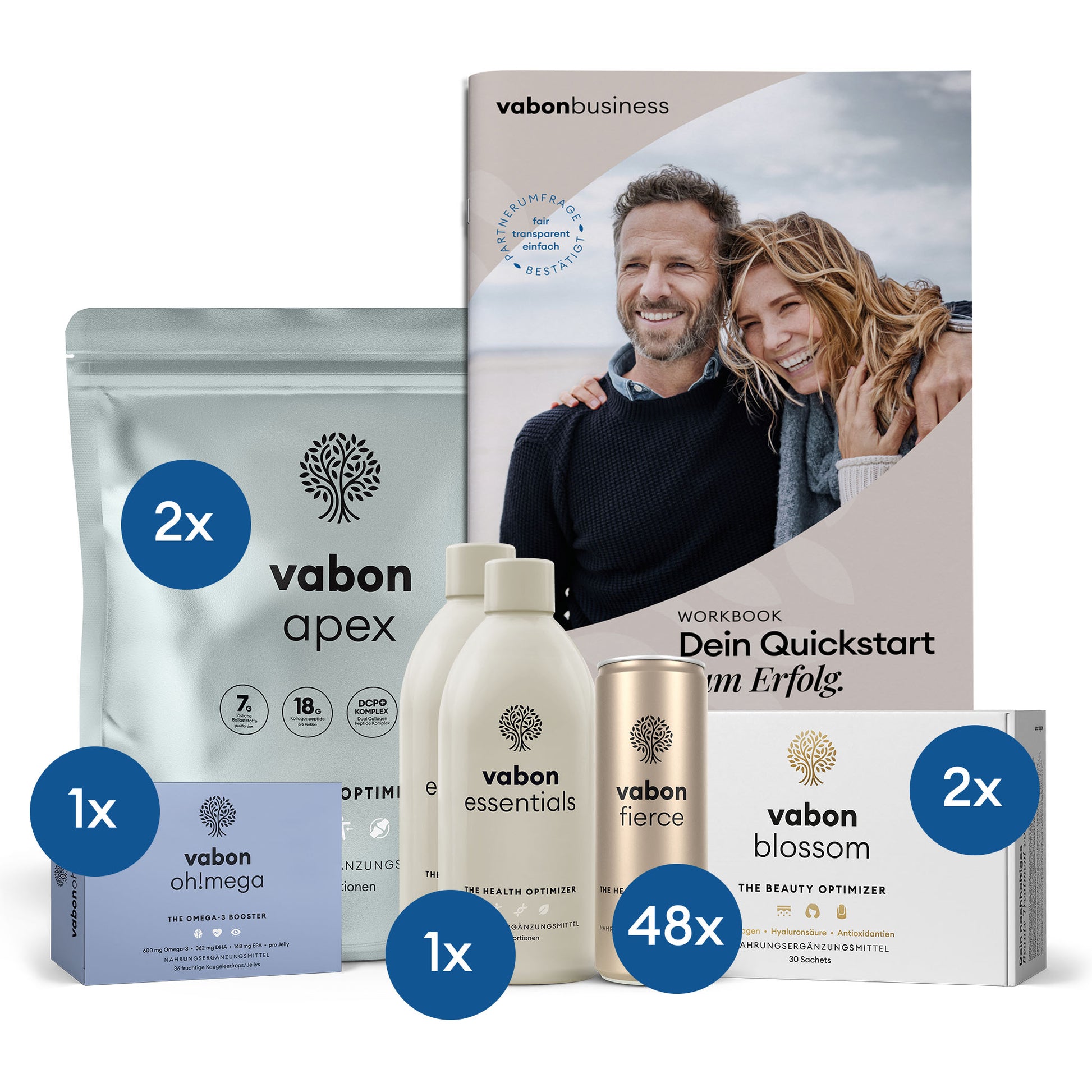 vabon power pack business mit Nahrungsergänzung und Workbook: 2x vabon apex Body Optimizer, 1x vabon essentials Health Optimizer, 48x vabon fierce Dosen, 1x vabon oh!mega Omega-3 Booster, 2x vabon blossom Beauty Optimizer sowie Workbook 'Dein Quickstart zum Erfolg'. Komplettlösung für Gesundheit, Energie, Schönheit und Business-Aufbau.