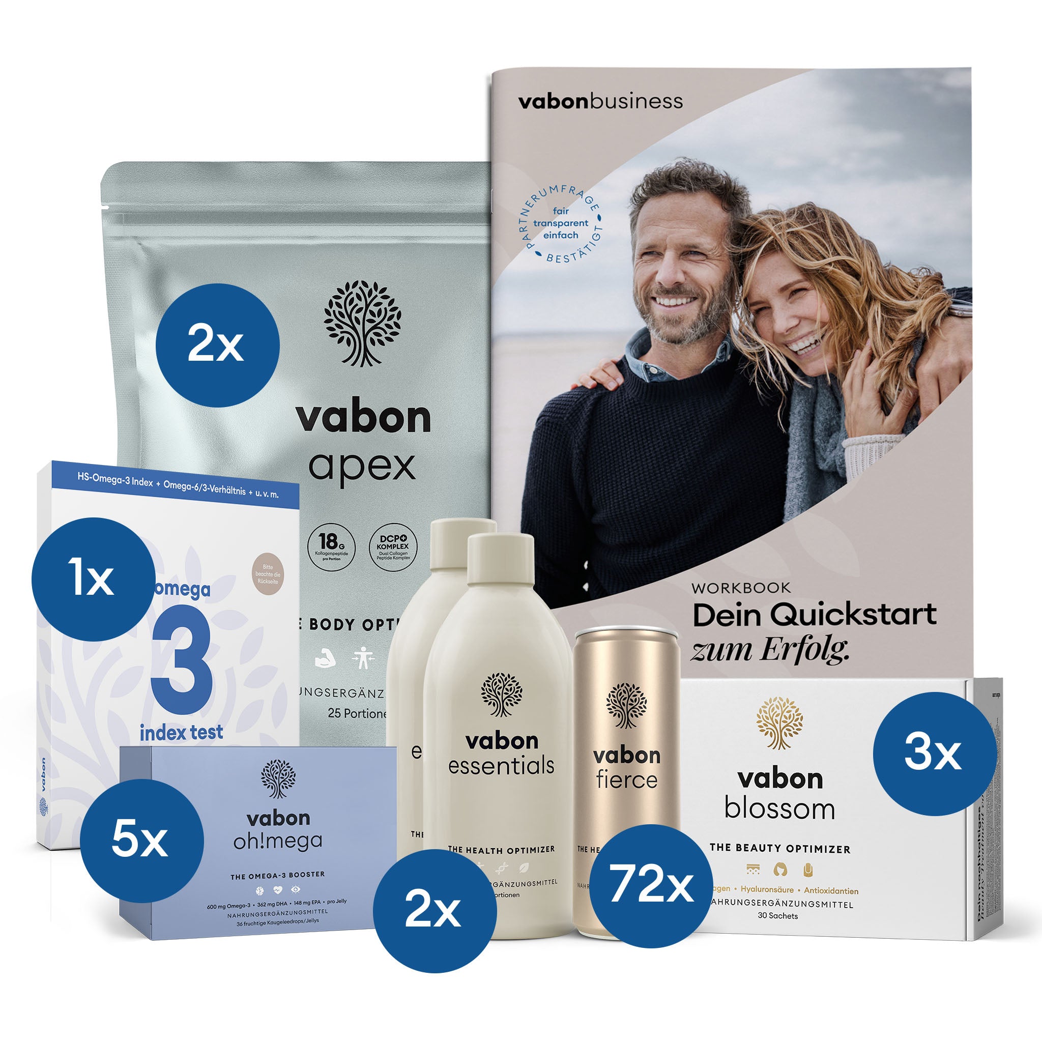 vabon power pack premium mit verschiedenen Nahrungsergänzungsmitteln und Workbook: 2x vabon apex Body Optimizer, 2x vabon essentials Health Optimizer, 72x vabon fierce Dosen, 5x vabon oh!mega Omega-3 Booster, 3x vabon blossom Beauty Optimizer, 1x Omega-3 Index Test sowie Workbook 'Dein Quickstart zum Erfolg'. Optimales Komplettpaket für Gesundheit, Energie, Schönheit und Business-Erfolg.