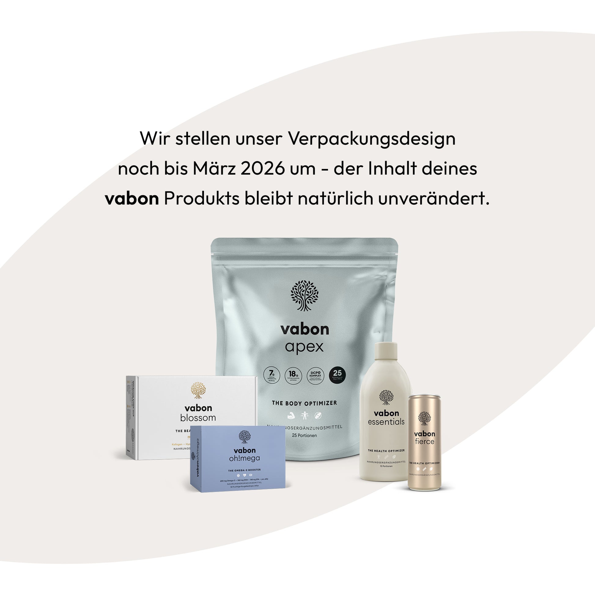 vabon Produkte blossom, oh!mega, apex, essentials und fierce im neuen Verpackungsdesign. Hinweis: Umstellung läuft bis März 2026, der Inhalt bleibt unverändert.