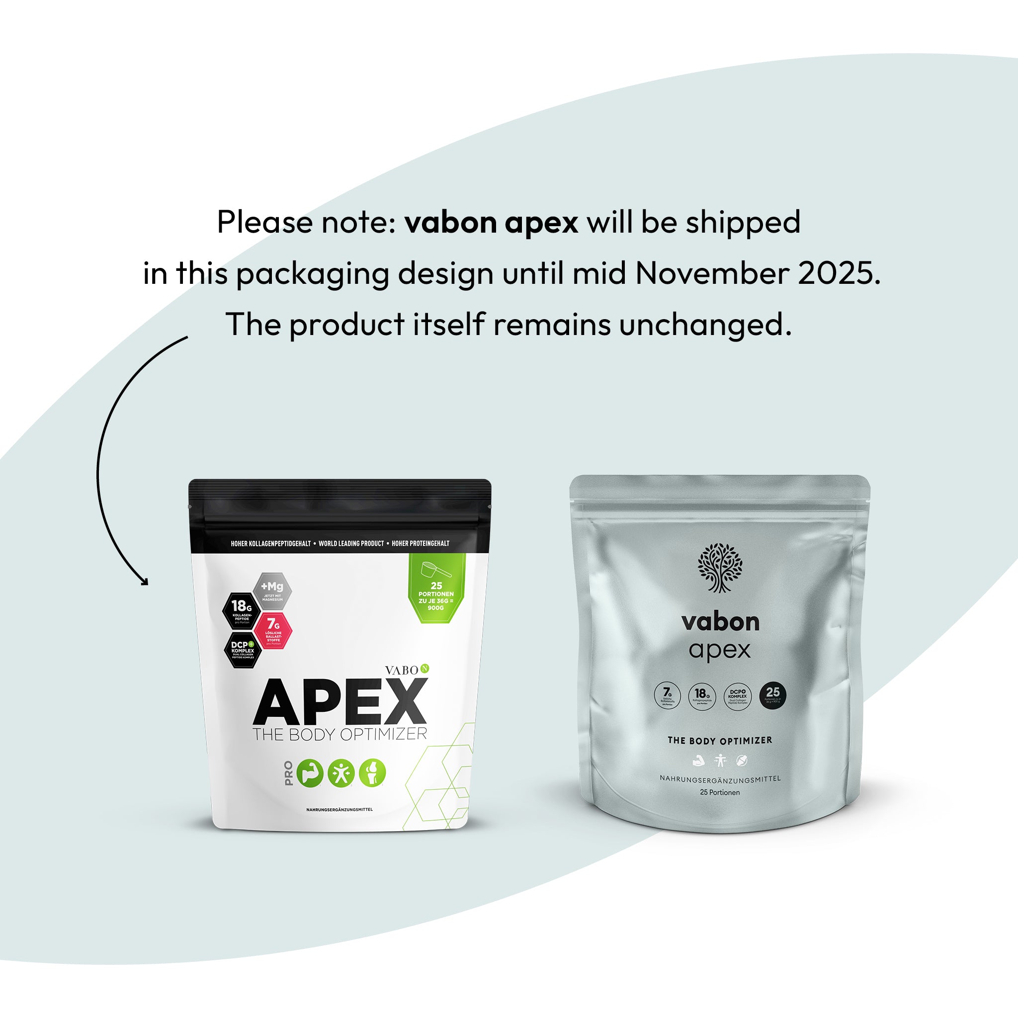 Zwei Packungen des Nahrungsergänzungsmittels Vabon Apex mit Kollagenpeptiden und Magnesium, weiße und silberne Verpackung.