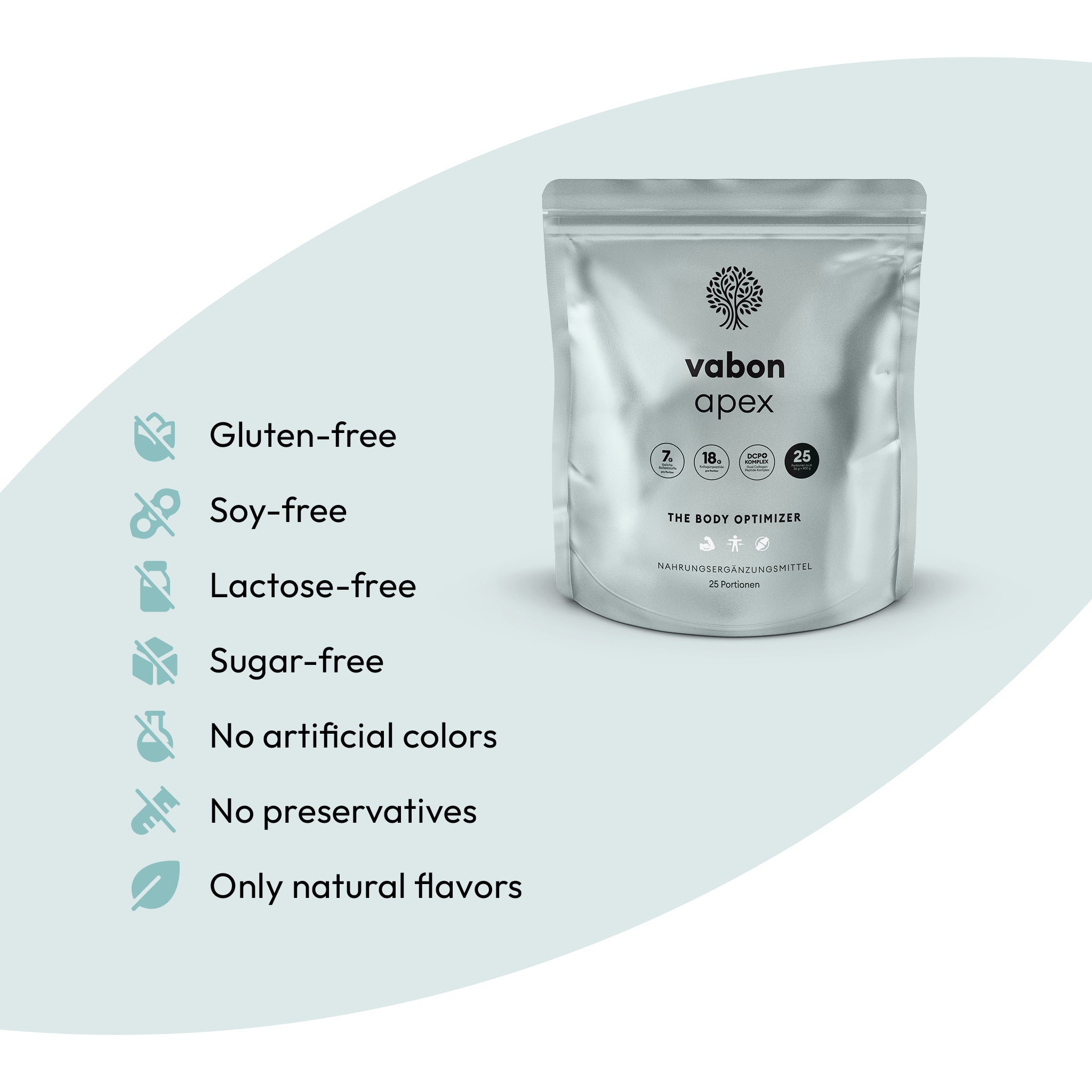 Silberne Verpackung von Vabon Apex Kollagenpeptiden mit 25 Portionen, glutenfrei und ohne künstliche Zusätze.